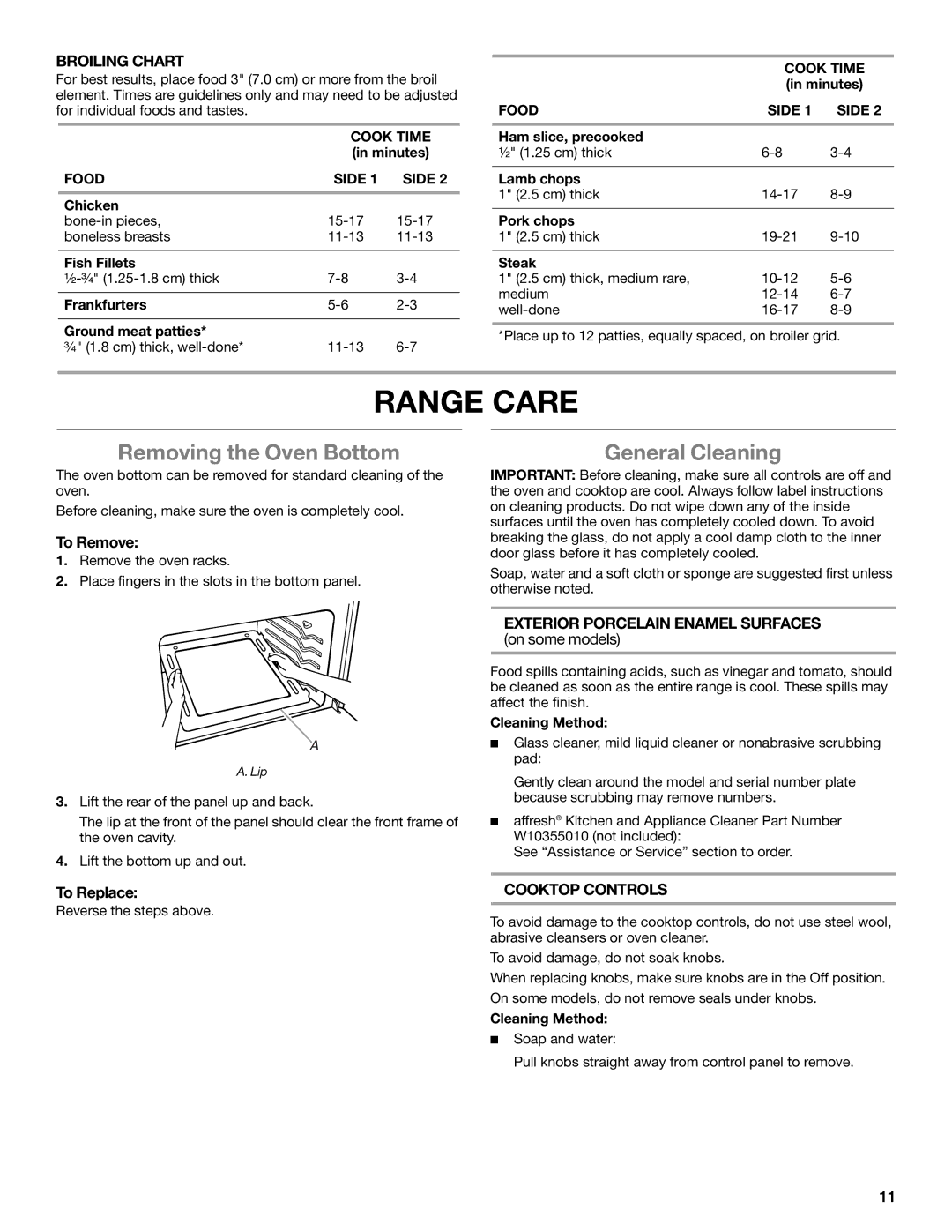 Amana W10531343A manual Range Care, Removing the Oven Bottom, General Cleaning 