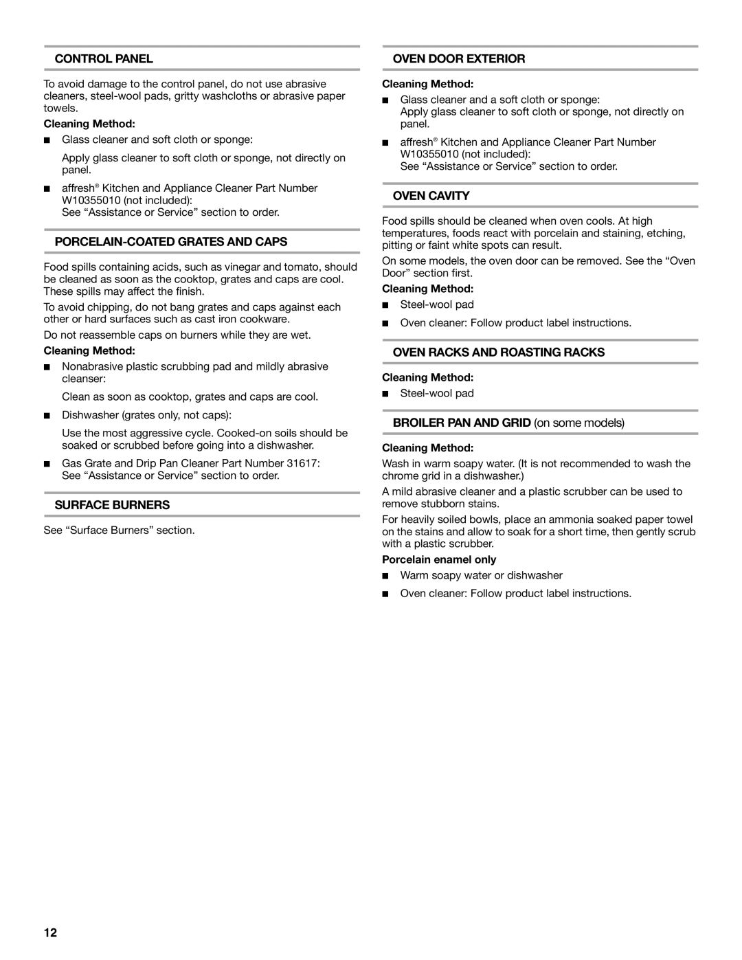 Amana W10531343A manual Control Panel, PORCELAIN-COATED Grates and Caps, Surface Burners, Oven Door Exterior, Oven Cavity 