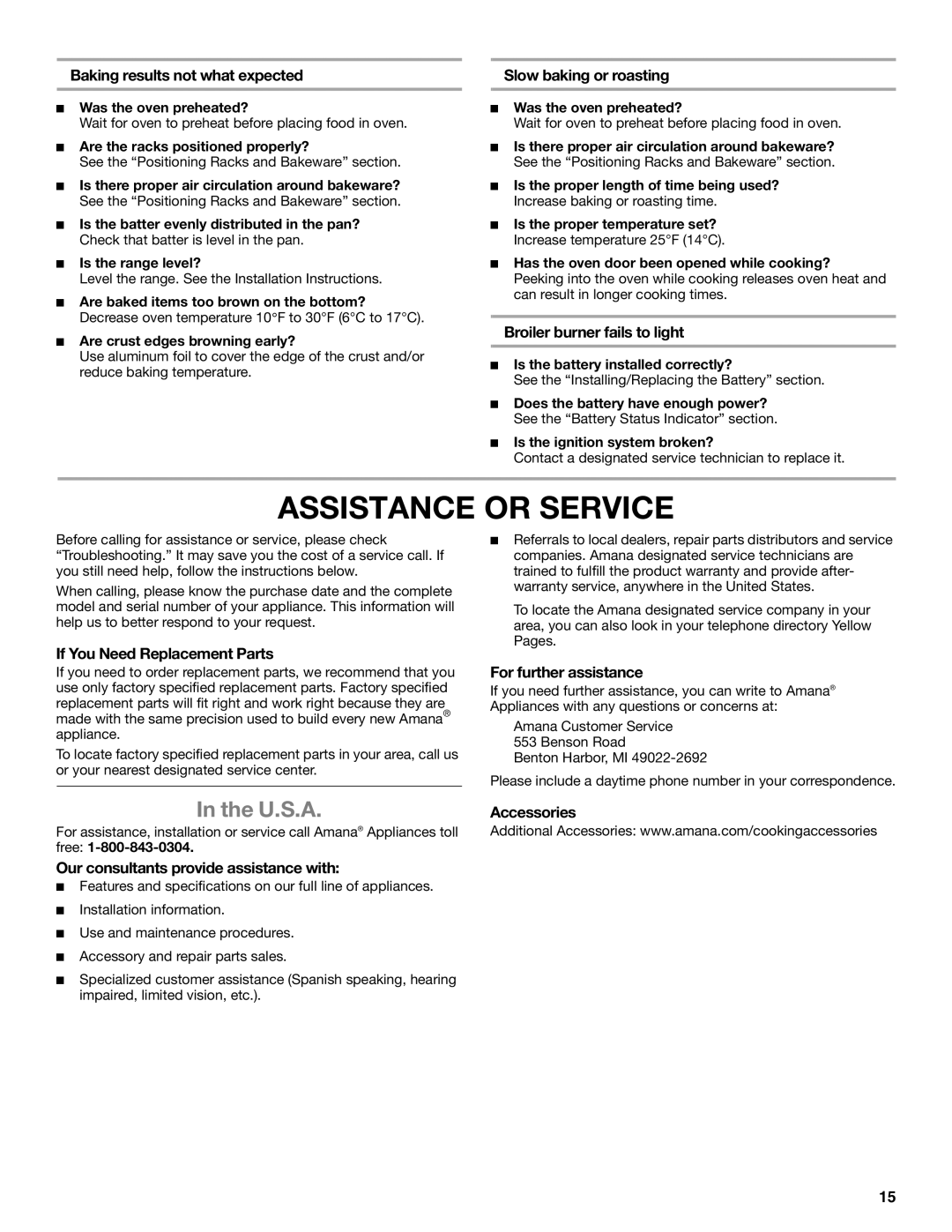 Amana W10531343A manual Assistance or Service, U.S.A 