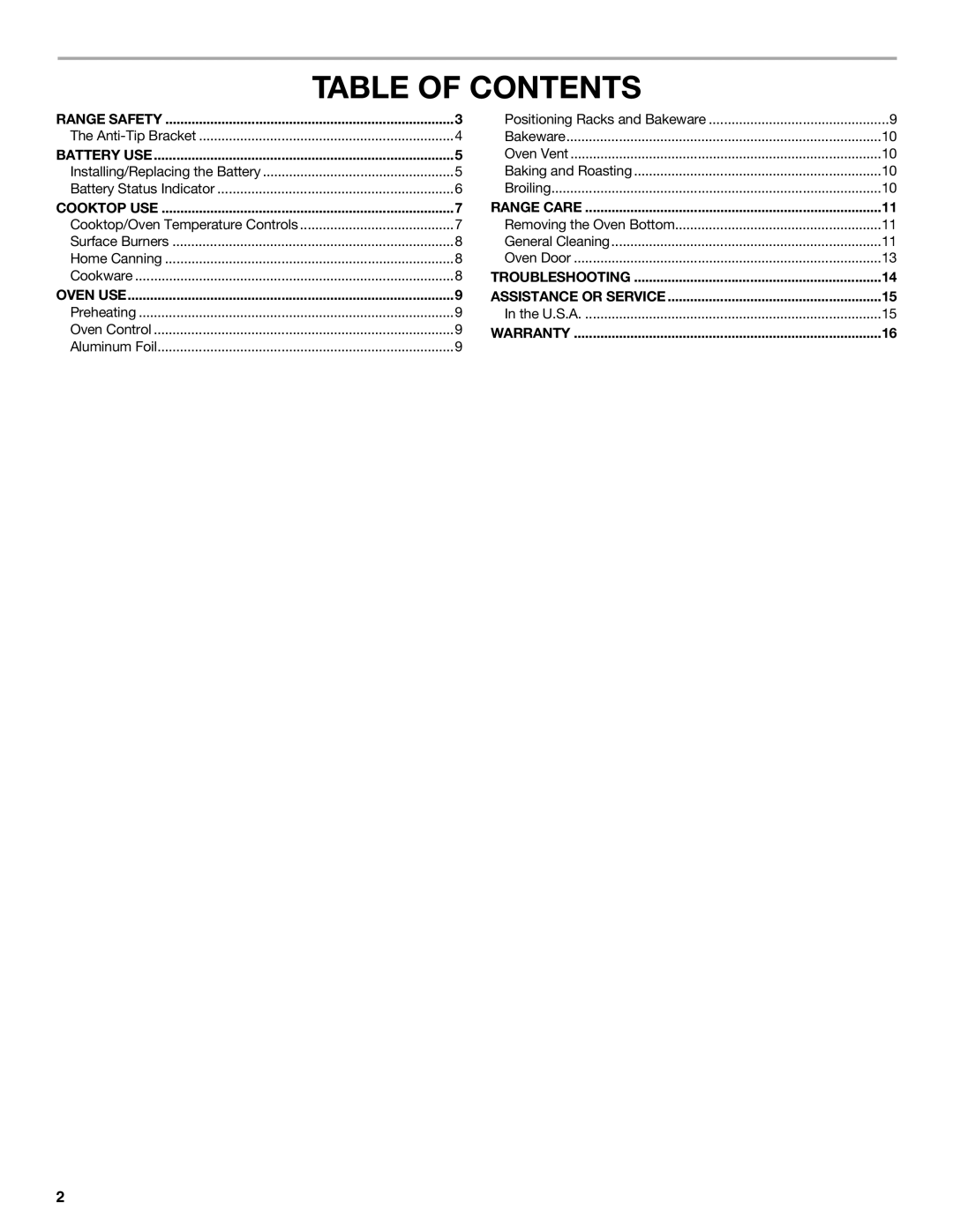 Amana W10531343A manual Table of Contents 