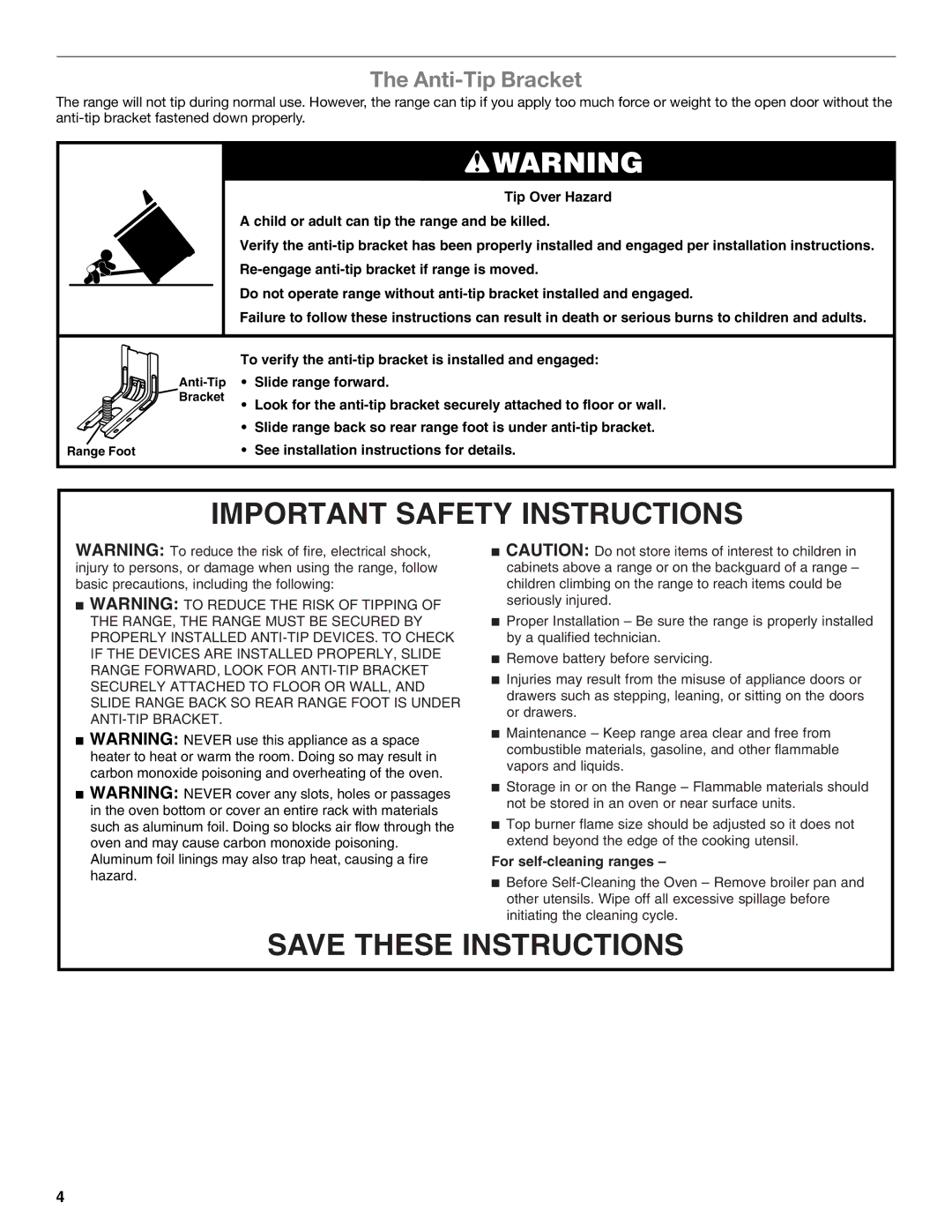 Amana W10531343A manual Anti-Tip Bracket, For self-cleaning ranges 