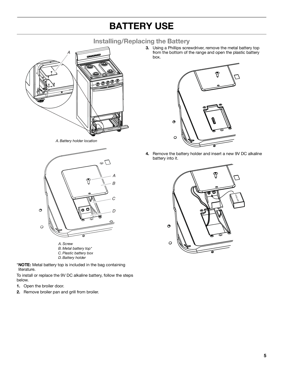 Amana W10531343A manual Battery USE, Installing/Replacing the Battery 