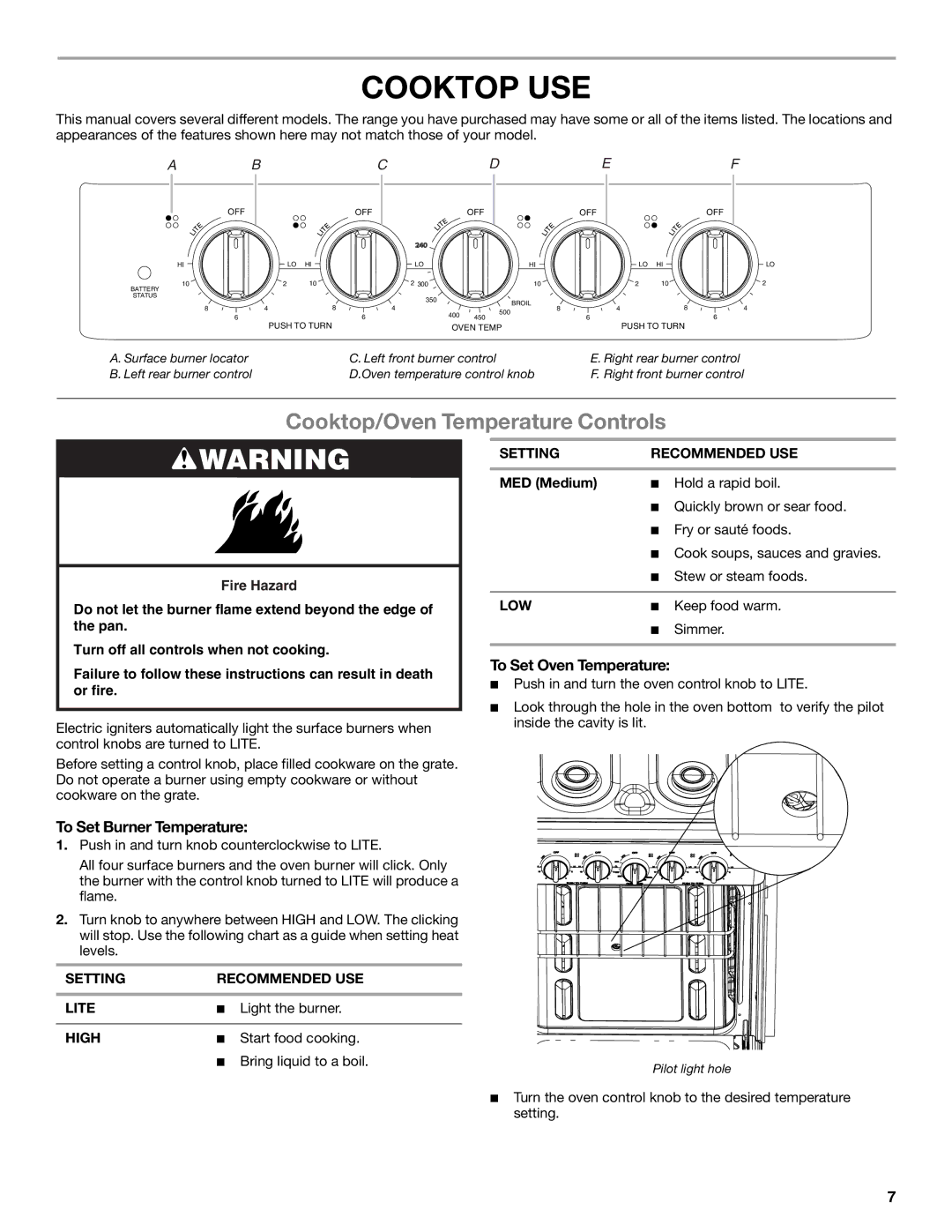 Amana W10531343A manual Cooktop USE, Cooktop/Oven Temperature Controls, To Set Burner Temperature, To Set Oven Temperature 