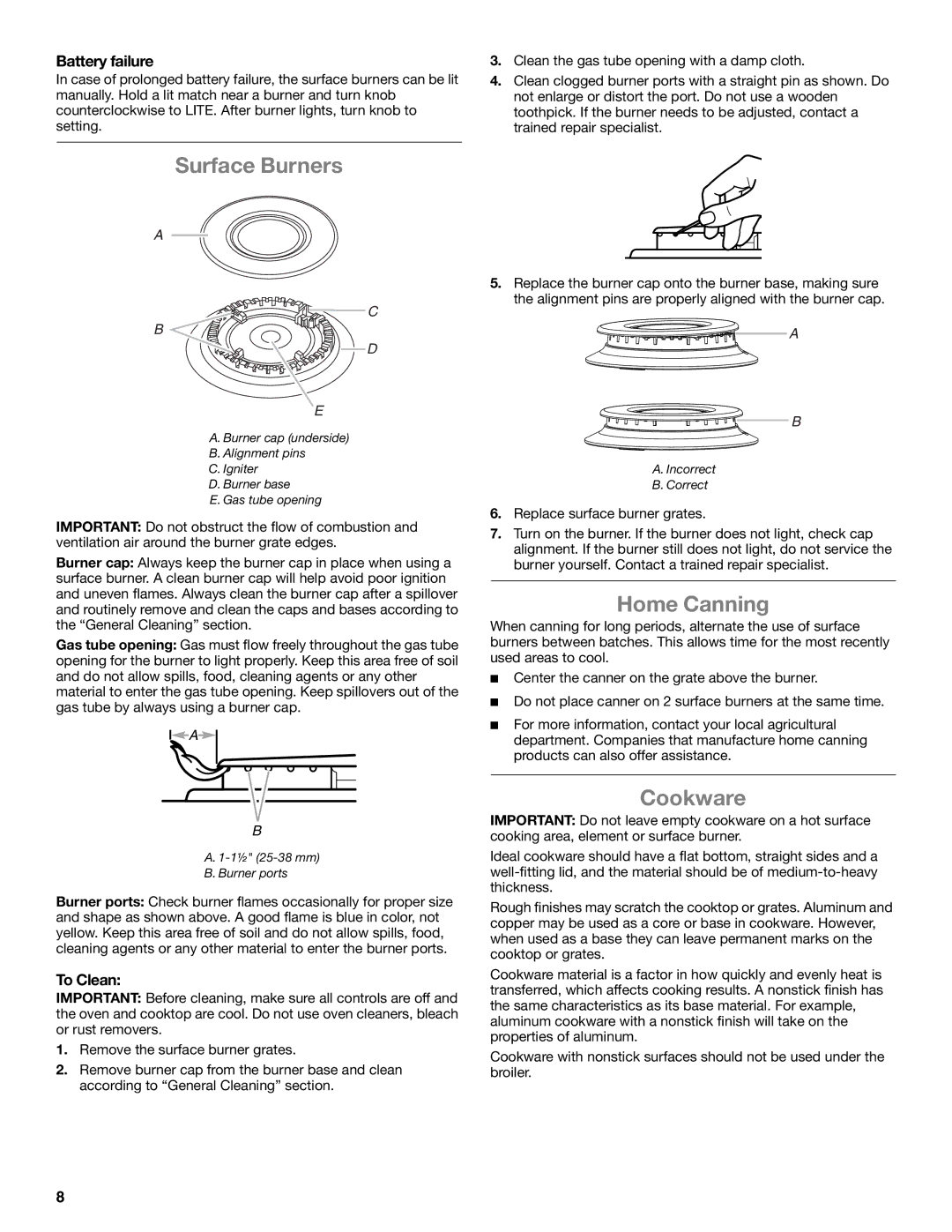 Amana W10531343A manual Surface Burners, Home Canning, Cookware, Battery failure, To Clean 