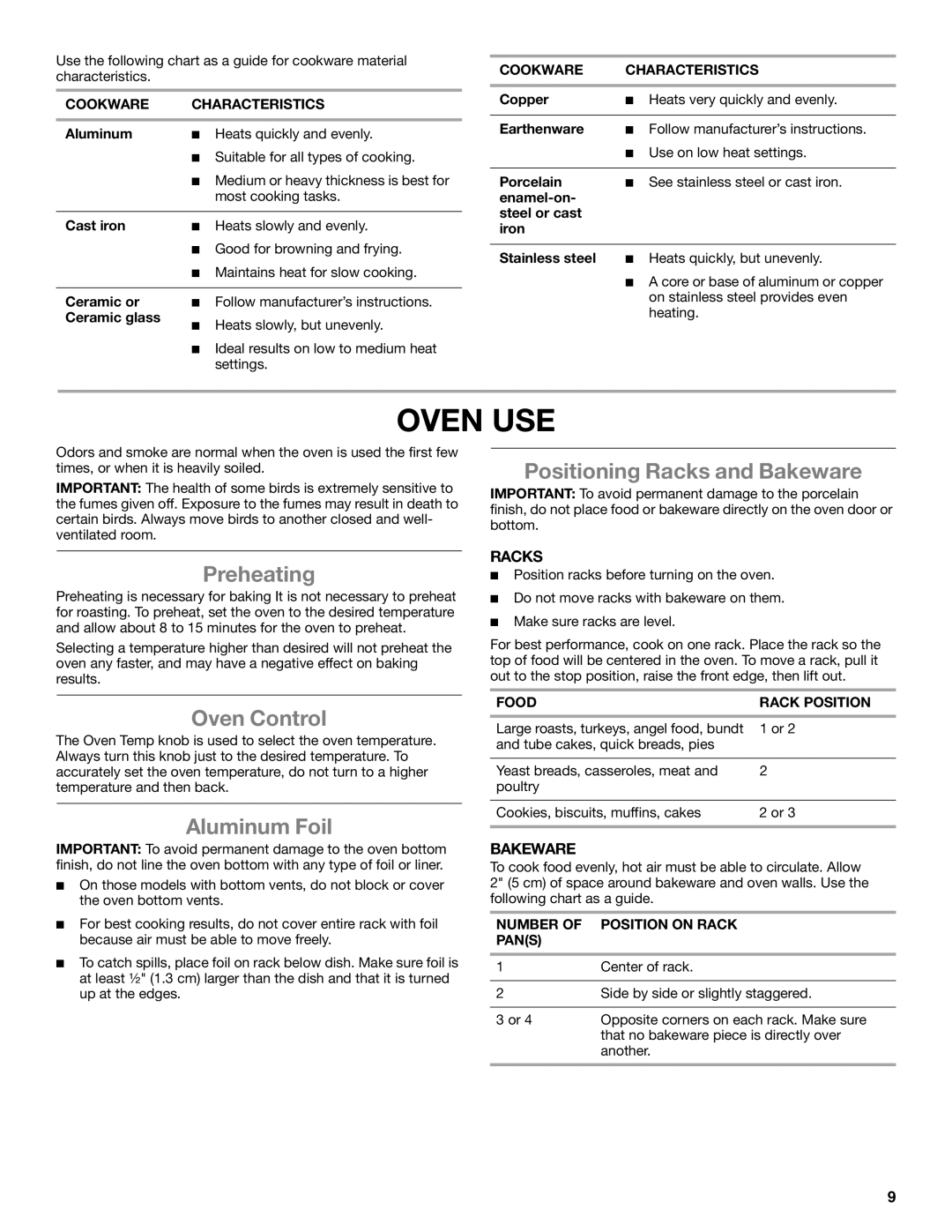Amana W10531343A manual Oven USE, Preheating, Oven Control, Aluminum Foil, Positioning Racks and Bakeware 