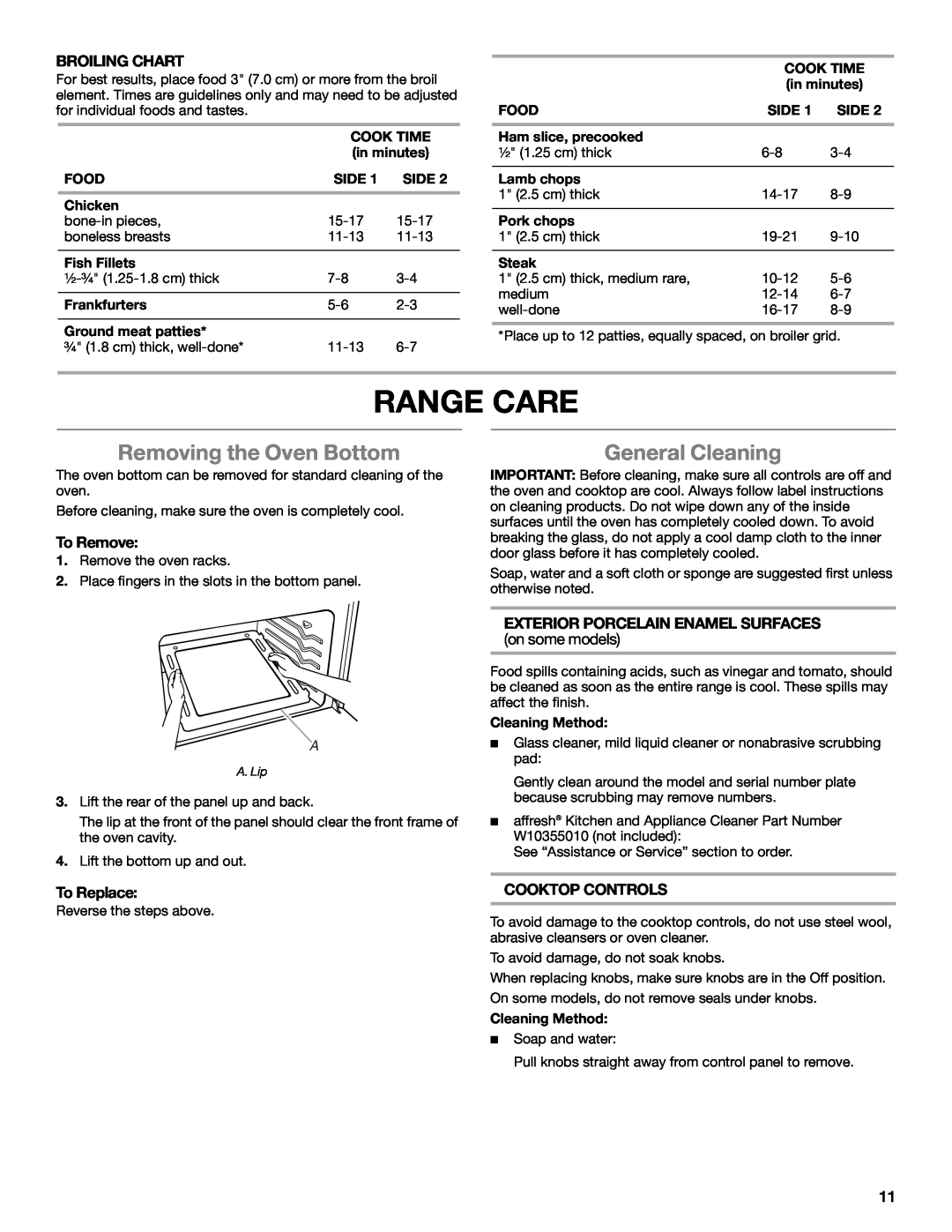 Amana W10531343A manual Range Care, Removing the Oven Bottom, General Cleaning, Broiling Chart, To Remove, To Replace 