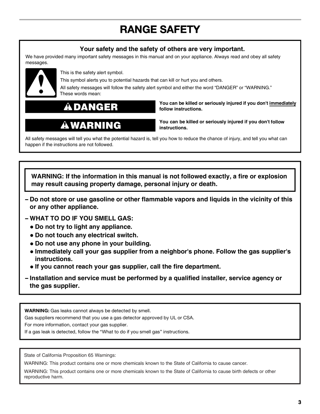 Amana W10531343A manual Range Safety, Danger 