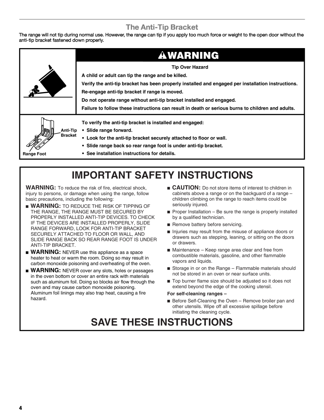 Amana W10531343A manual The Anti-Tip Bracket, Important Safety Instructions, Save These Instructions, Slide range forward 