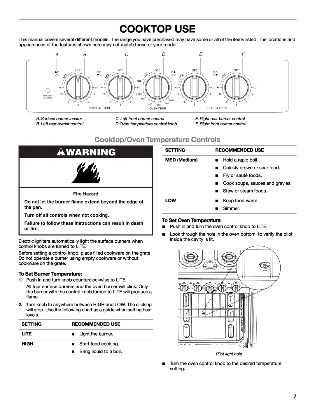 Amana W10531343A manual Cooktop Use, Cooktop/Oven Temperature Controls, To Set Burner Temperature, To Set Oven Temperature 