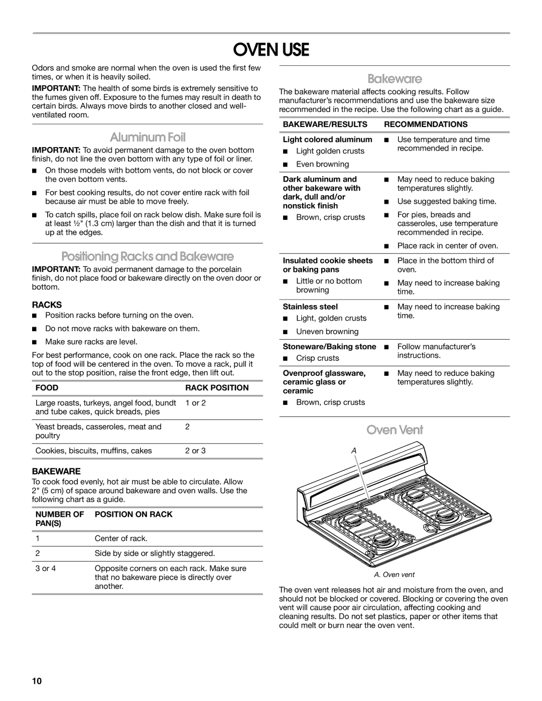 Amana W10533015A manual Oven USE, Aluminum Foil, Positioning Racks and Bakeware, Oven Vent 