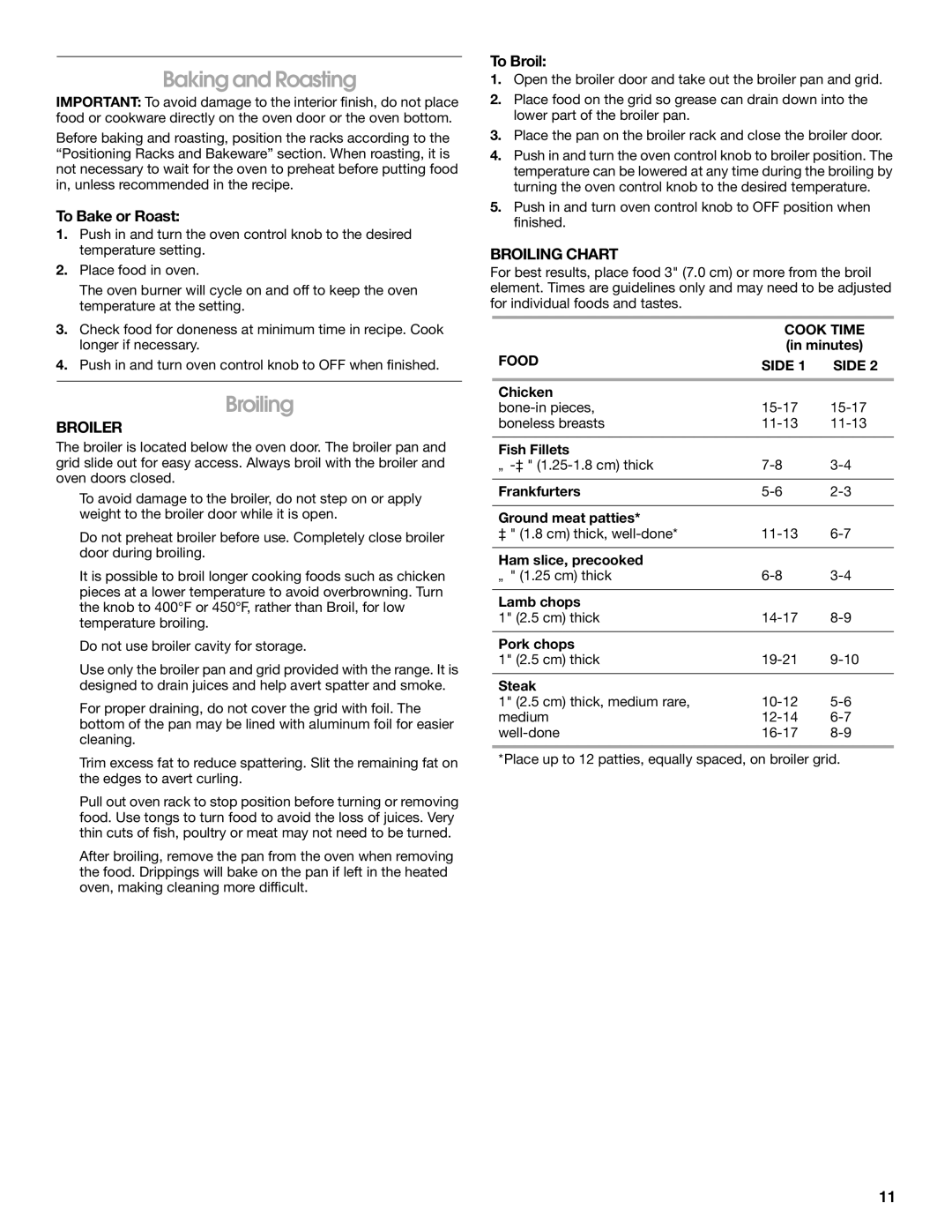 Amana W10533015A manual Baking and Roasting, Broiler, Broiling Chart 