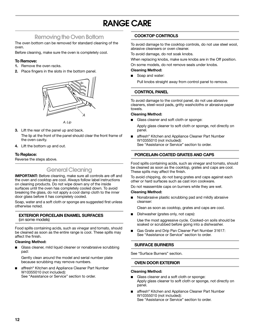 Amana W10533015A manual Range Care, Removing the Oven Bottom, General Cleaning 