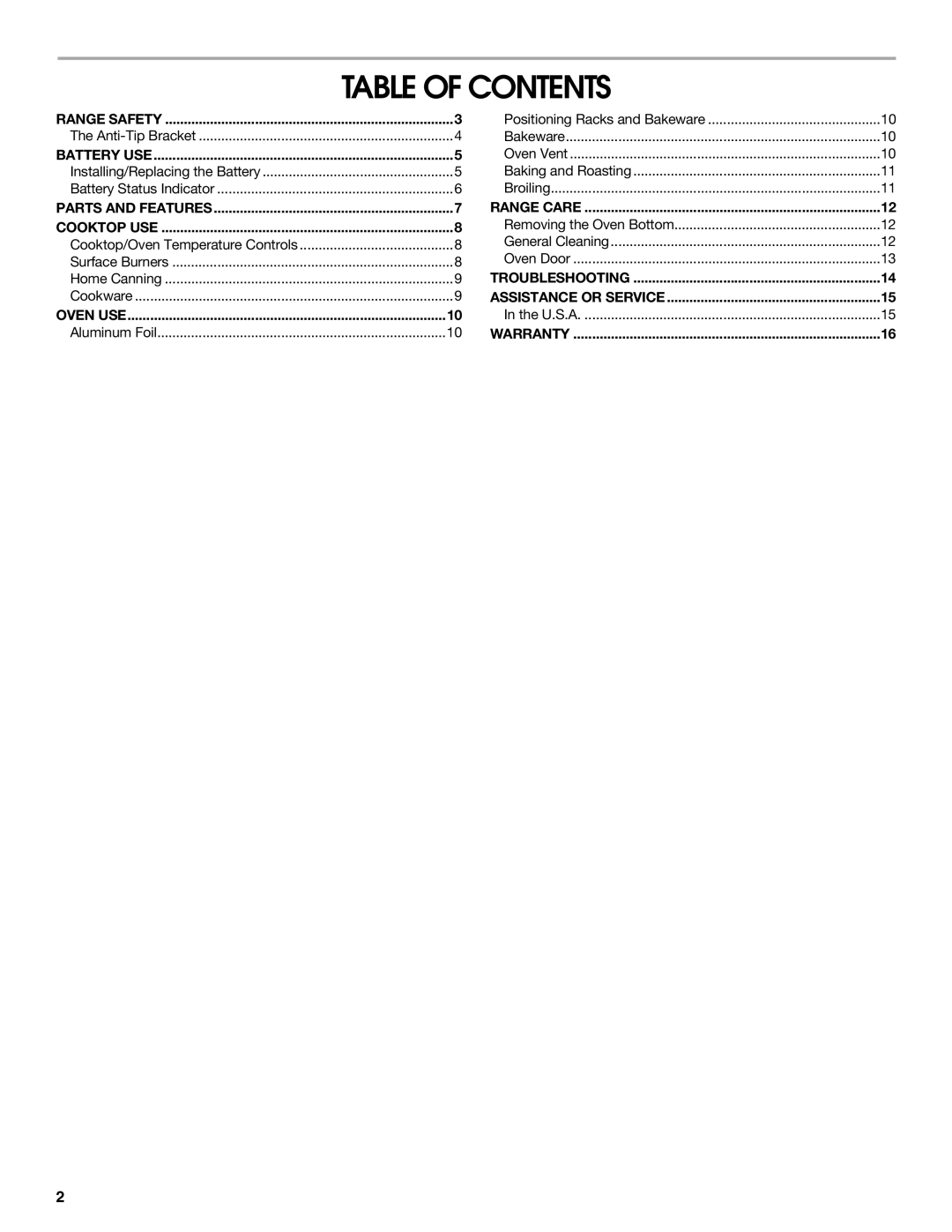 Amana W10533015A manual Table of Contents 