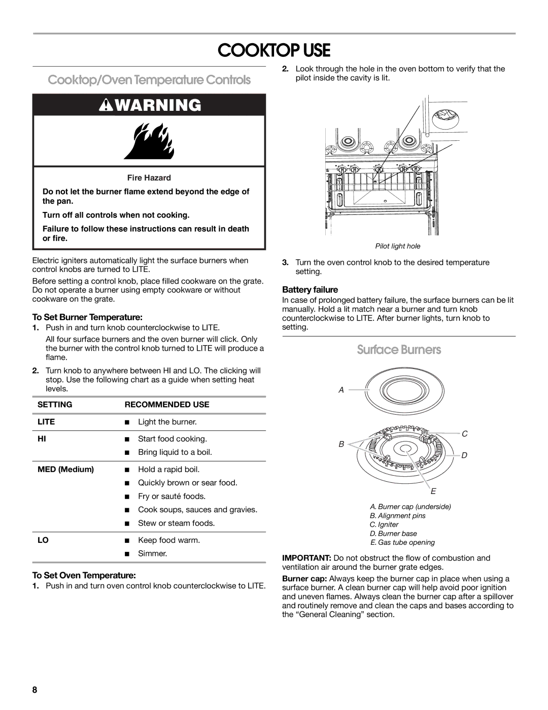 Amana W10533015A manual Cooktop USE, Cooktop/Oven Temperature Controls, Surface Burners 