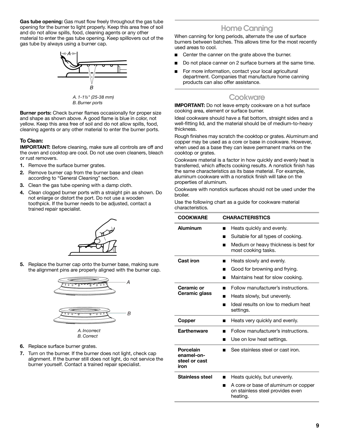 Amana W10533015A manual Home Canning, To Clean, Cookware Characteristics 