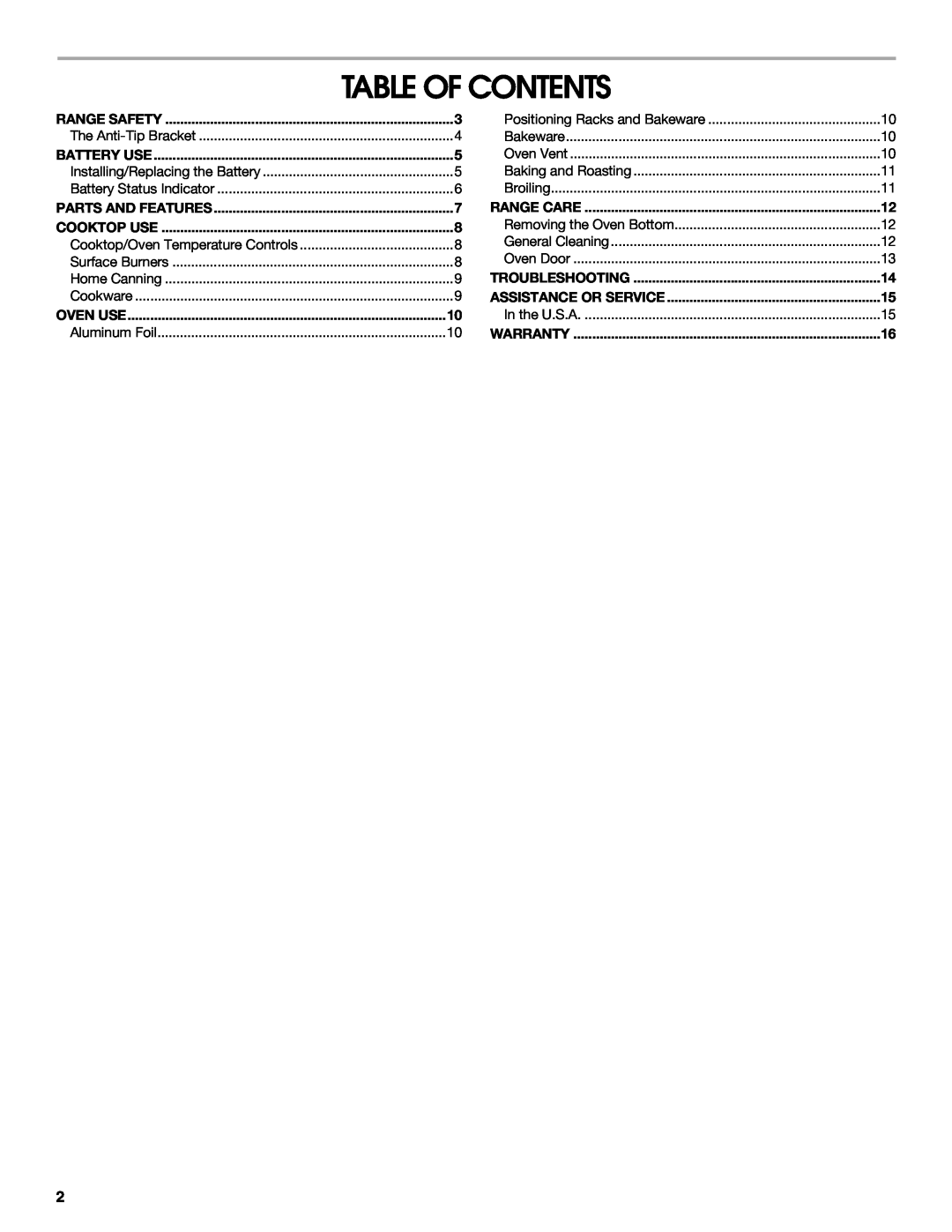 Amana W10533015A manual Table Of Contents 