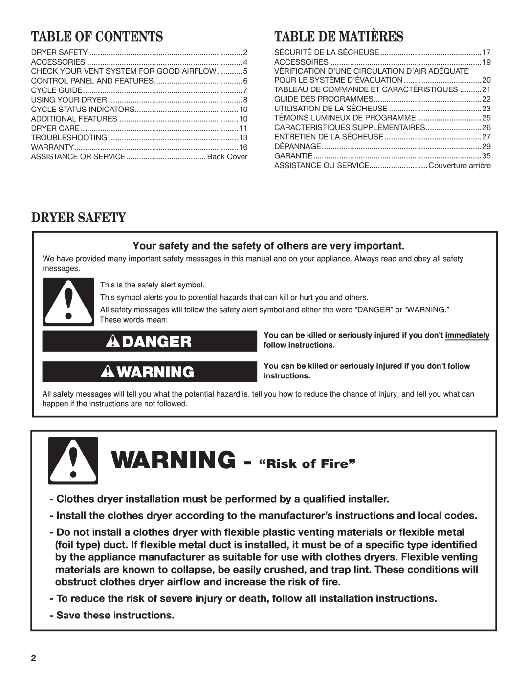 Amana W10572490A - SP, W10562495A manual Table of Contents, Dryer Safety Table DE Matières 