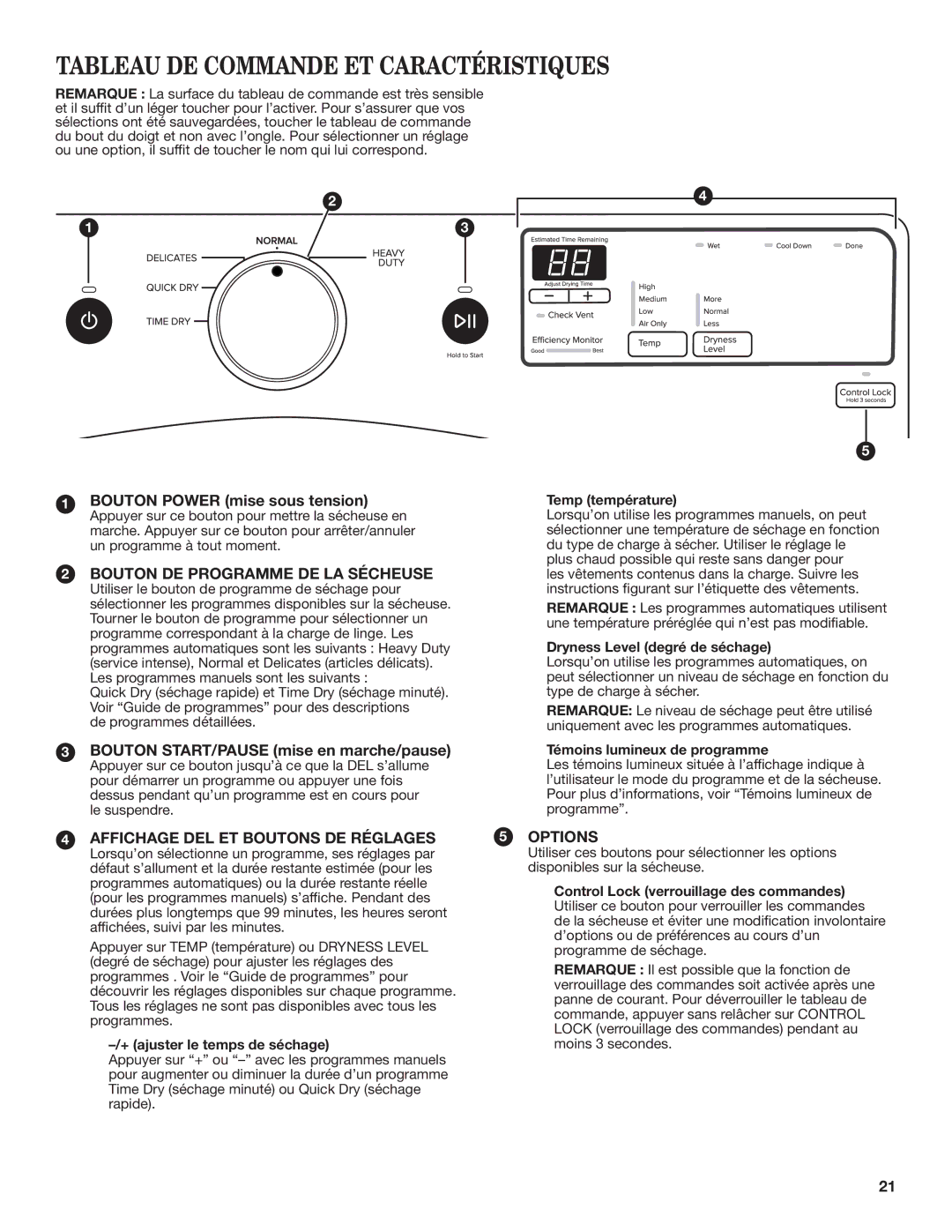 Amana W10562495A, W10572490A - SP manual Tableau DE Commande ET Caractéristiques, Bouton Power mise sous tension 