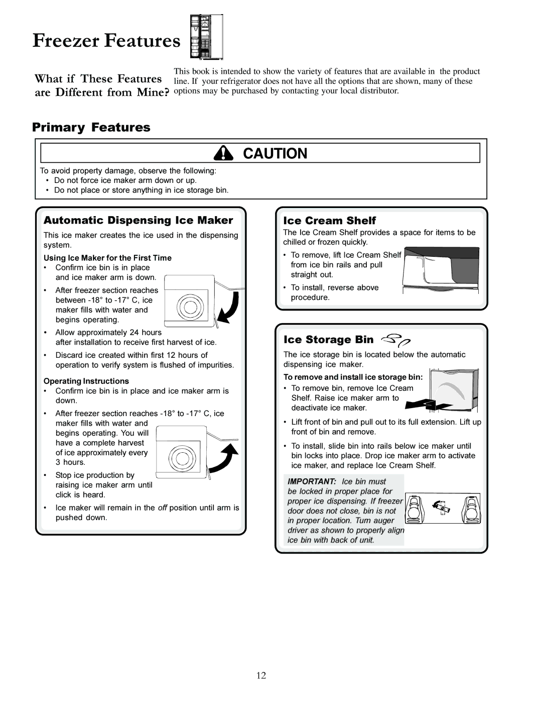 Amana XRSS287BW, XRSS287BB manual Primary Features, Automatic Dispensing Ice Maker, Ice Cream Shelf, Ice Storage Bin 
