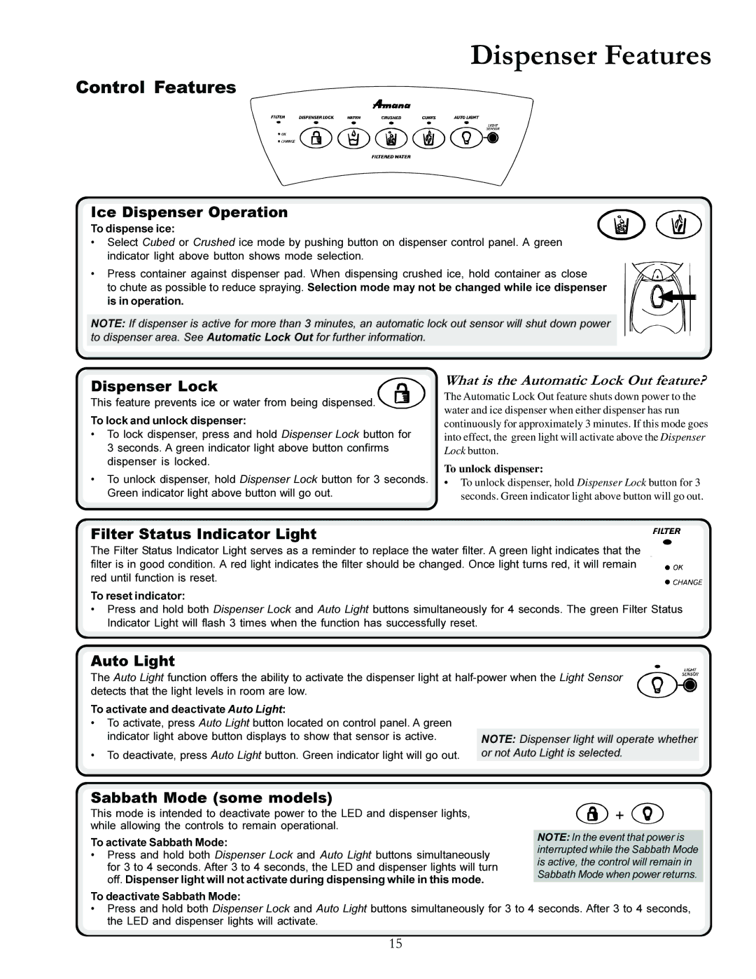 Amana XRSS287BB, XRSS287BW manual Control Features 