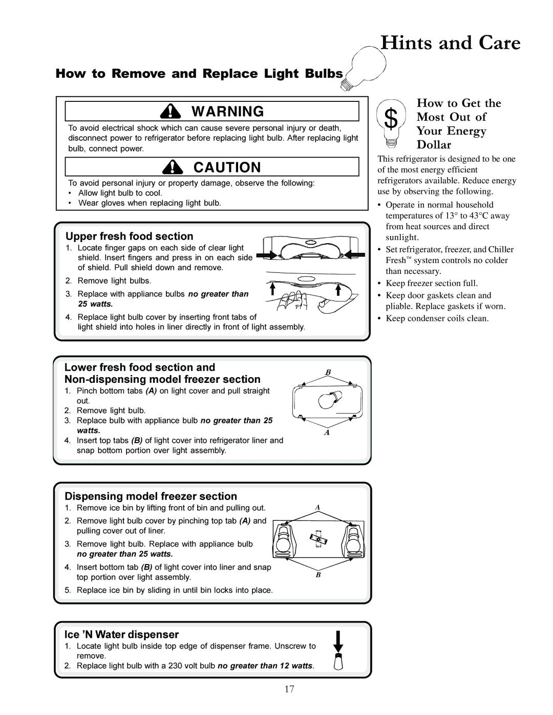 Amana XRSS287BB, XRSS287BW manual How to Remove and Replace Light Bulbs, How to Get the $ Most Out, Your Energy Dollar 