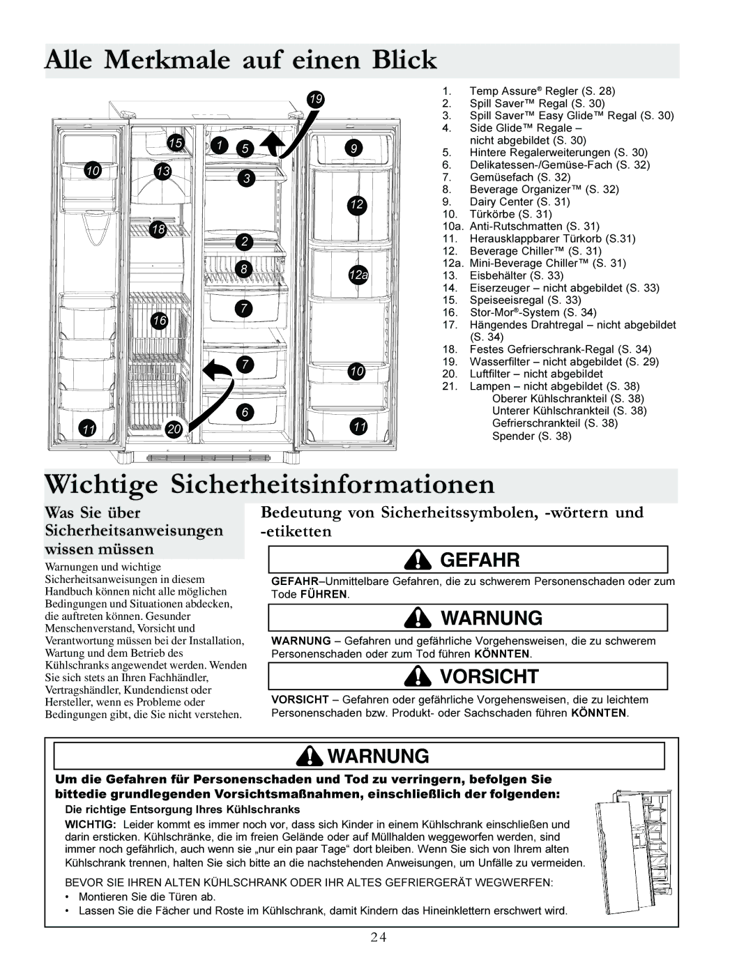 Amana XRSS287BW, XRSS287BB manual Alle Merkmale auf einen Blick, Wichtige Sicherheitsinformationen 