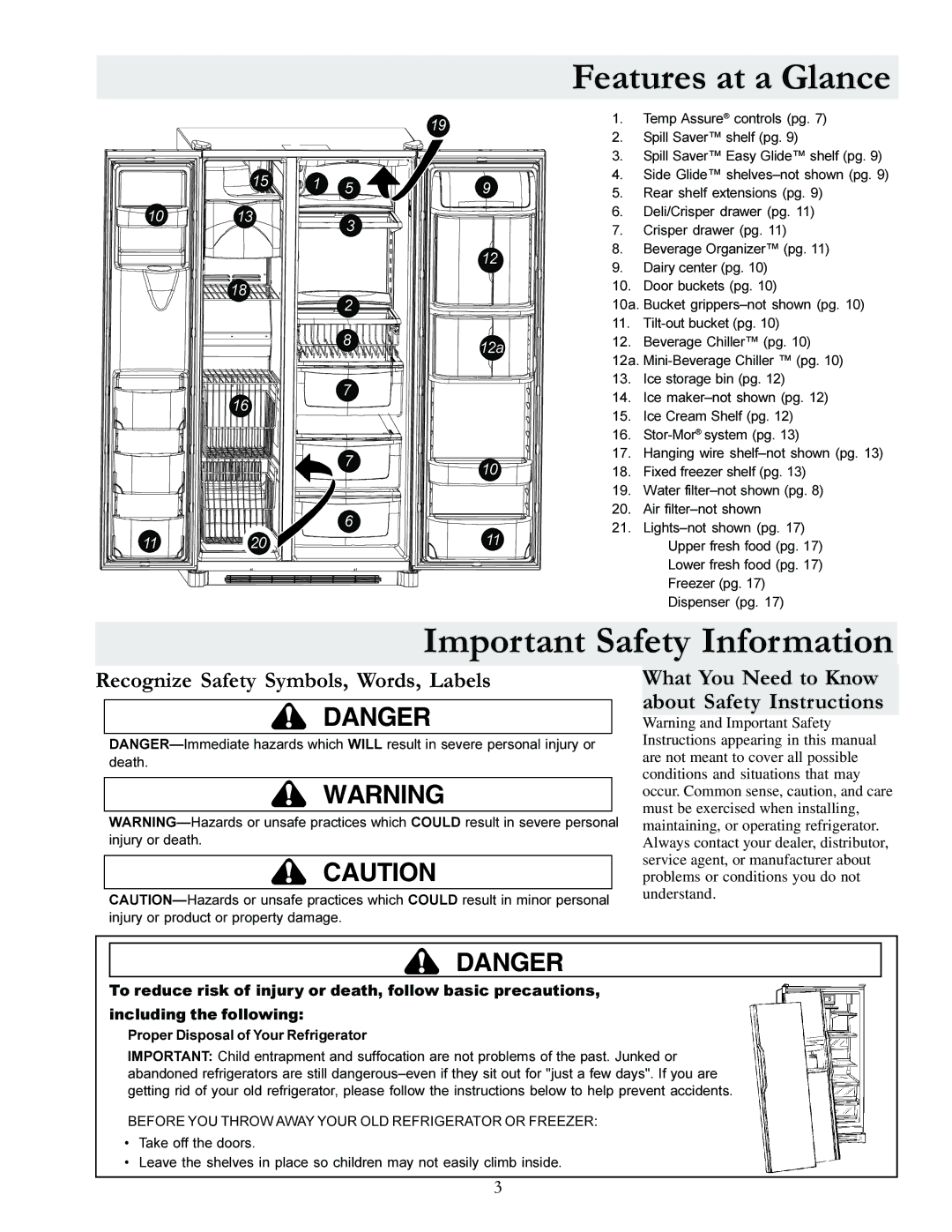 Amana XRSS287BB, XRSS287BW Features at a Glance, Important Safety Information, Recognize Safety Symbols, Words, Labels 