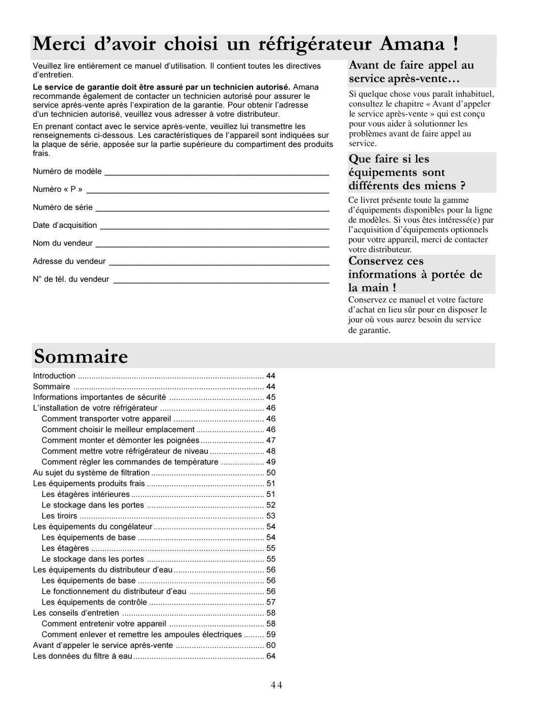 Amana XRSS287BW Merci d’avoir choisi un réfrigérateur Amana, Sommaire, Conservez ces informations à portée de la main 