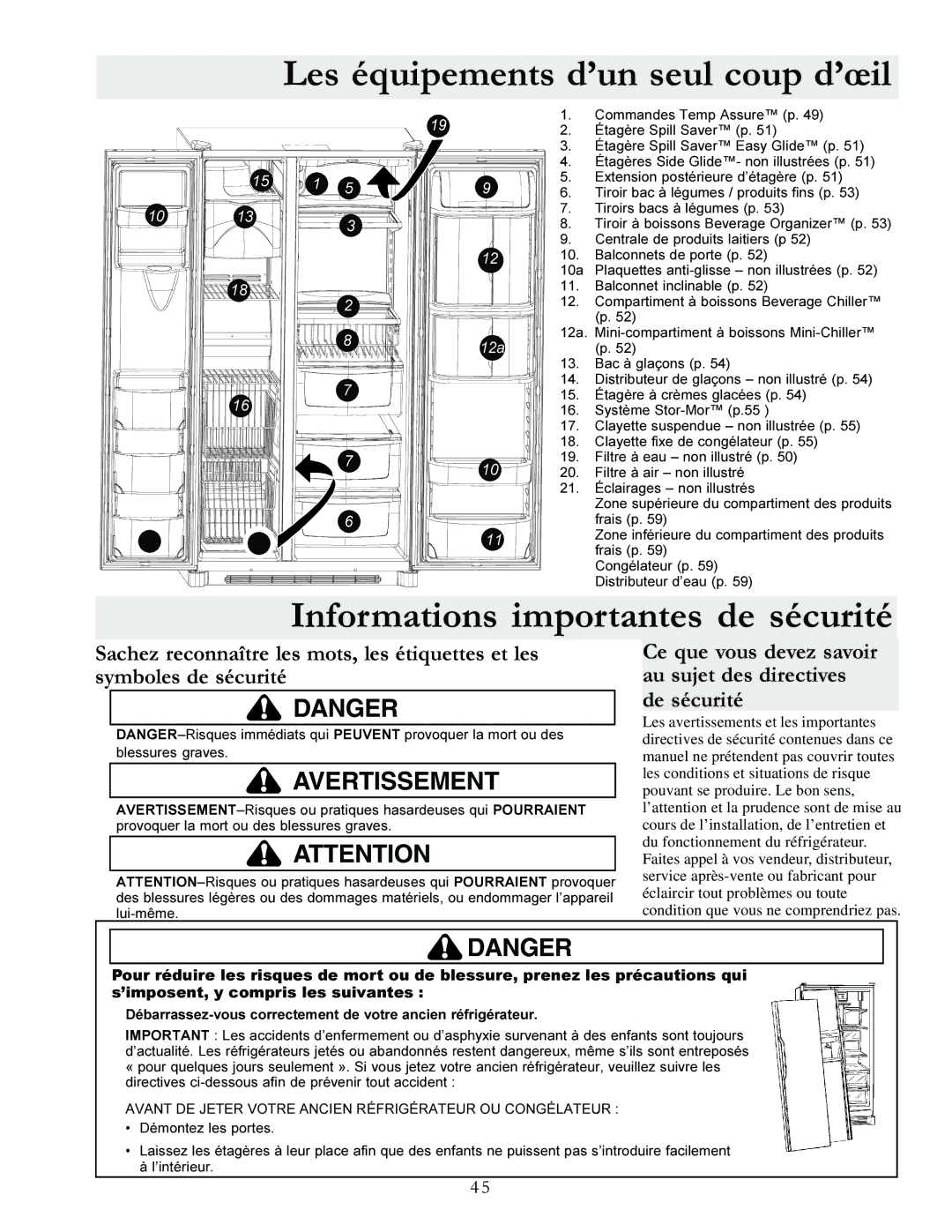 Amana XRSS287BB, XRSS287BW manual Informations importantes de sécurité, Les équipements d’un seul coup d’œil 