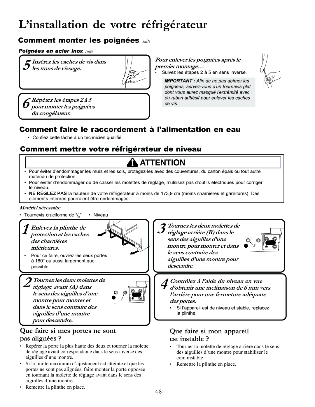 Amana XRSS287BW, XRSS287BB manual Comment monter les poignées suite, Comment faire le raccordement à l’alimentation en eau 