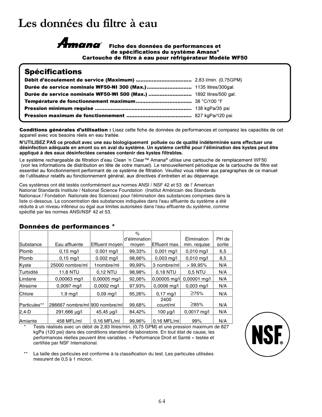 Amana XRSS287BW, XRSS287BB manual Les données du filtre à eau, Spécifications, RQQpHVGHSHUIRUPDQFHV 