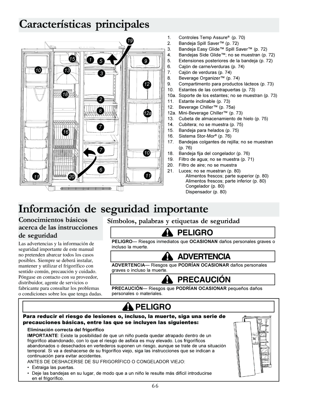 Amana XRSS287BW Información de seguridad importante, Características principales, Eliminación correcta del frigorífico 