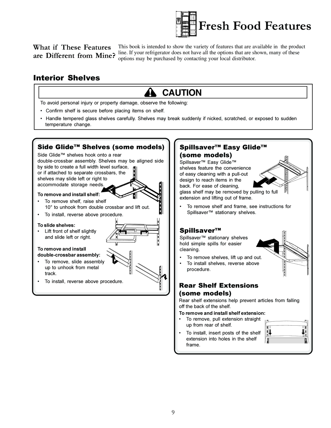 Amana XRSS287BB, XRSS287BW manual Interior Shelves, Side Glide Shelves some models, Spillsaver Easy Glide some models 