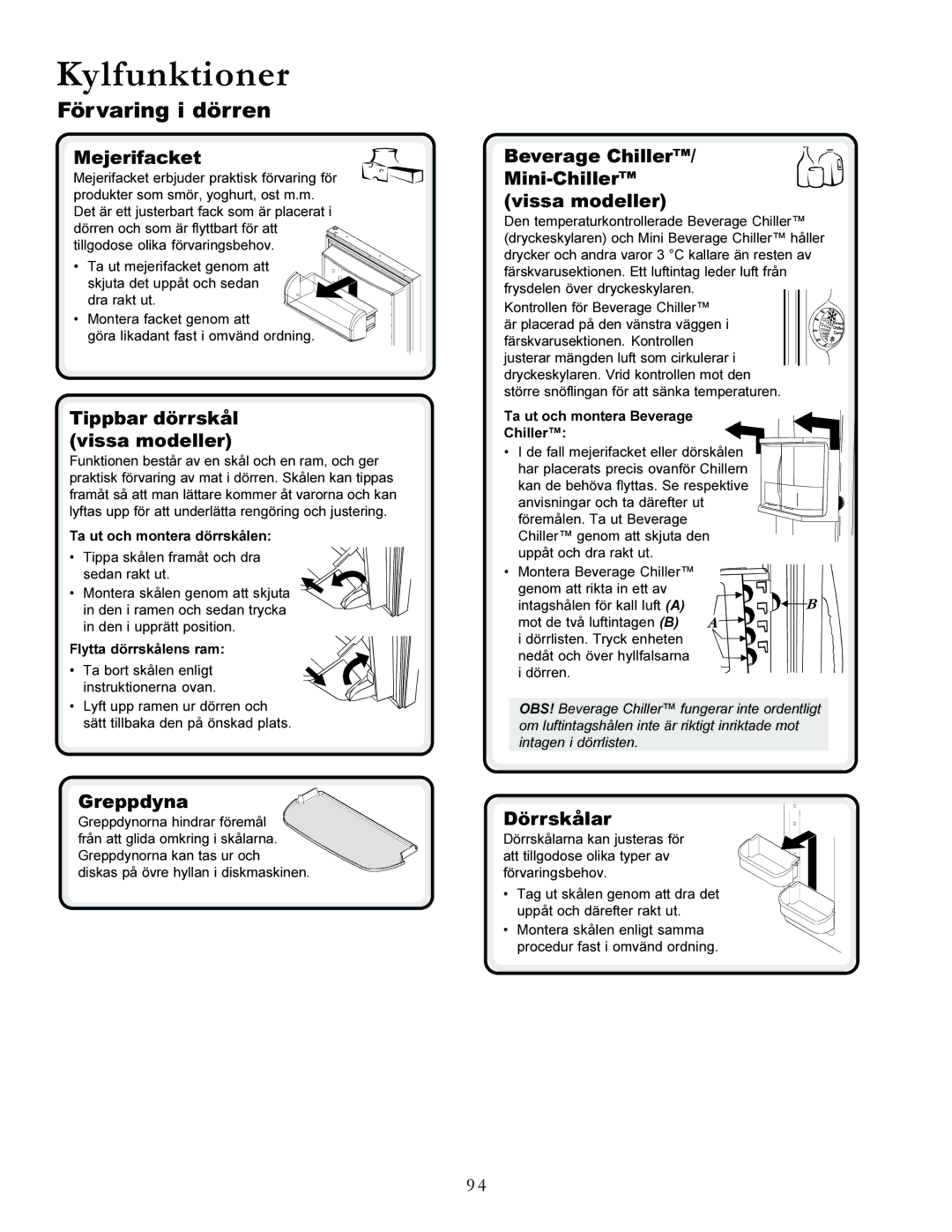 Amana XRSS287BW, XRSS287BB manual Kylfunktioner, Förvaring i dörren 