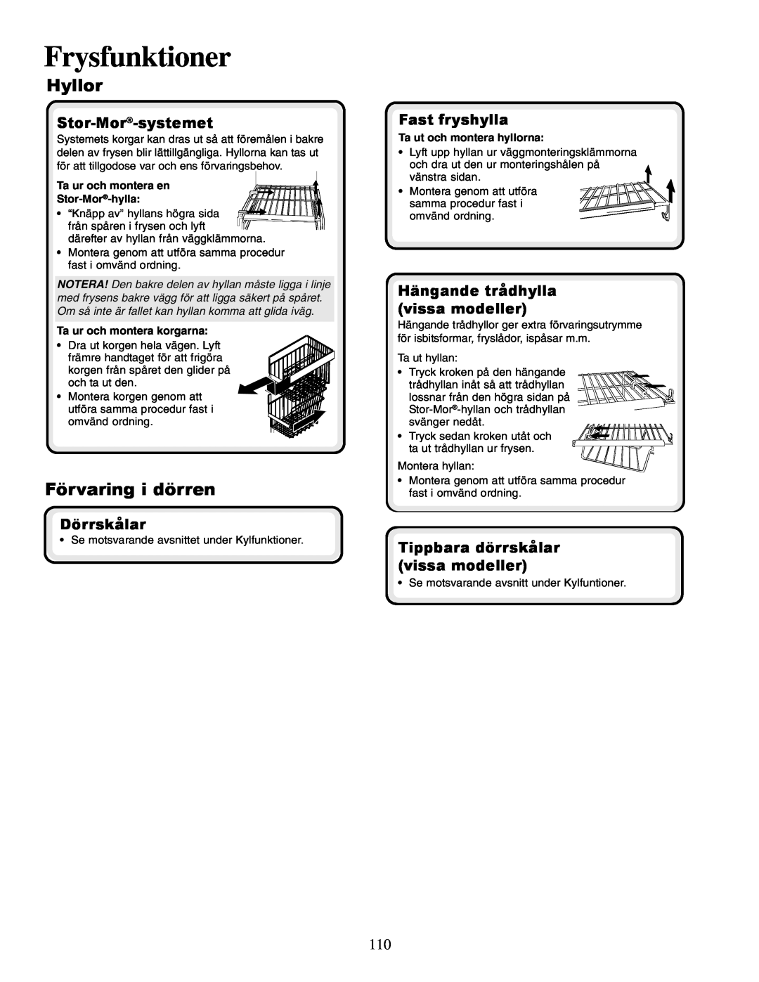 Amana XRSS267BW Frysfunktioner, Hyllor, Stor-Mor-systemet, Fast fryshylla, Hängande trådhylla vissa modeller, Dörrskålar 