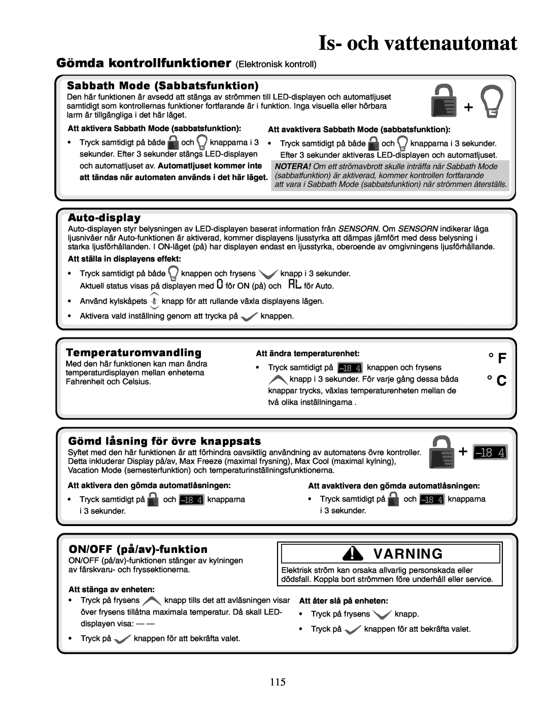 Amana XRSR687BW Varning, Gömda kontrollfunktioner Elektronisk kontroll, Sabbath Mode Sabbatsfunktion, Auto-display 