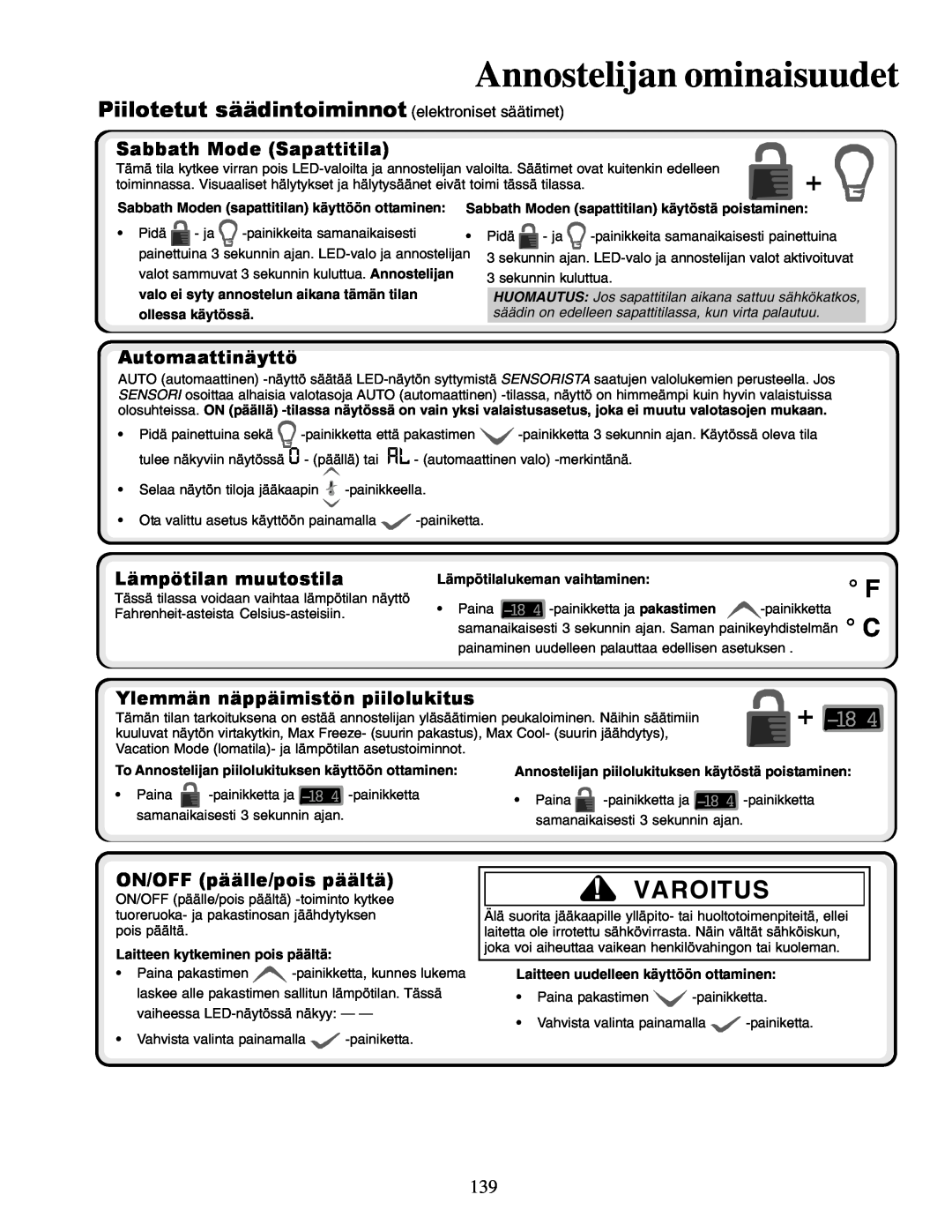 Amana XRSR687BW Varoitus, Piilotetut säädintoiminnot elektroniset säätimet, Sabbath Mode Sapattitila, Automaattinäyttö 