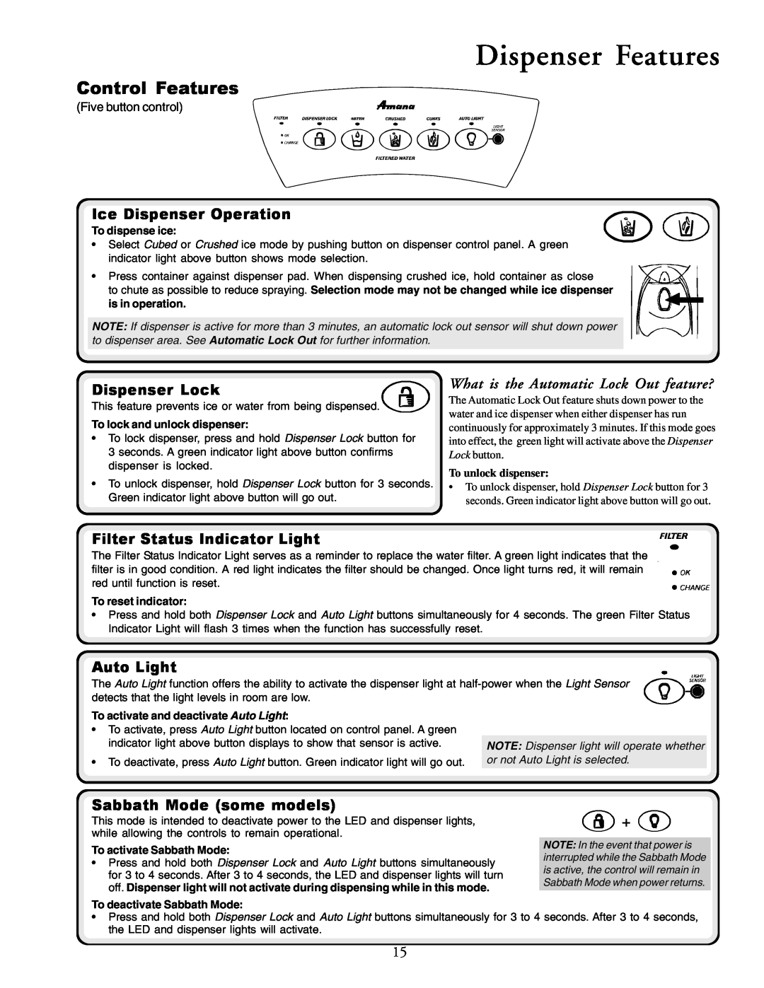 Amana XRSR687BW Control Features, Ice Dispenser Operation, Dispenser Lock, Filter Status Indicator Light, Auto Light 