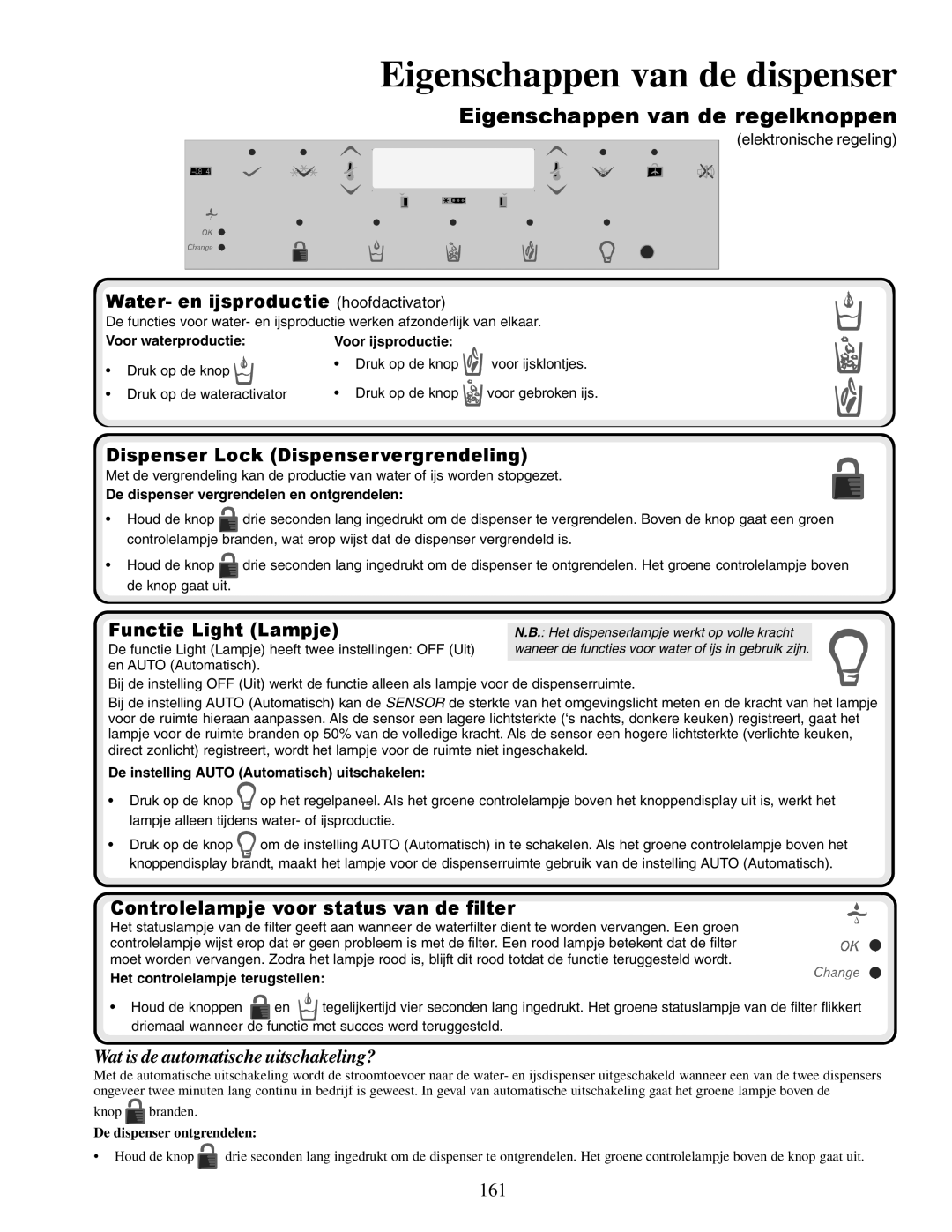 Amana XRSS267BB, XRSS687BB Water- en ijsproductie hoofdactivator, Functie Light Lampje, Eigenschappen van de dispenser 