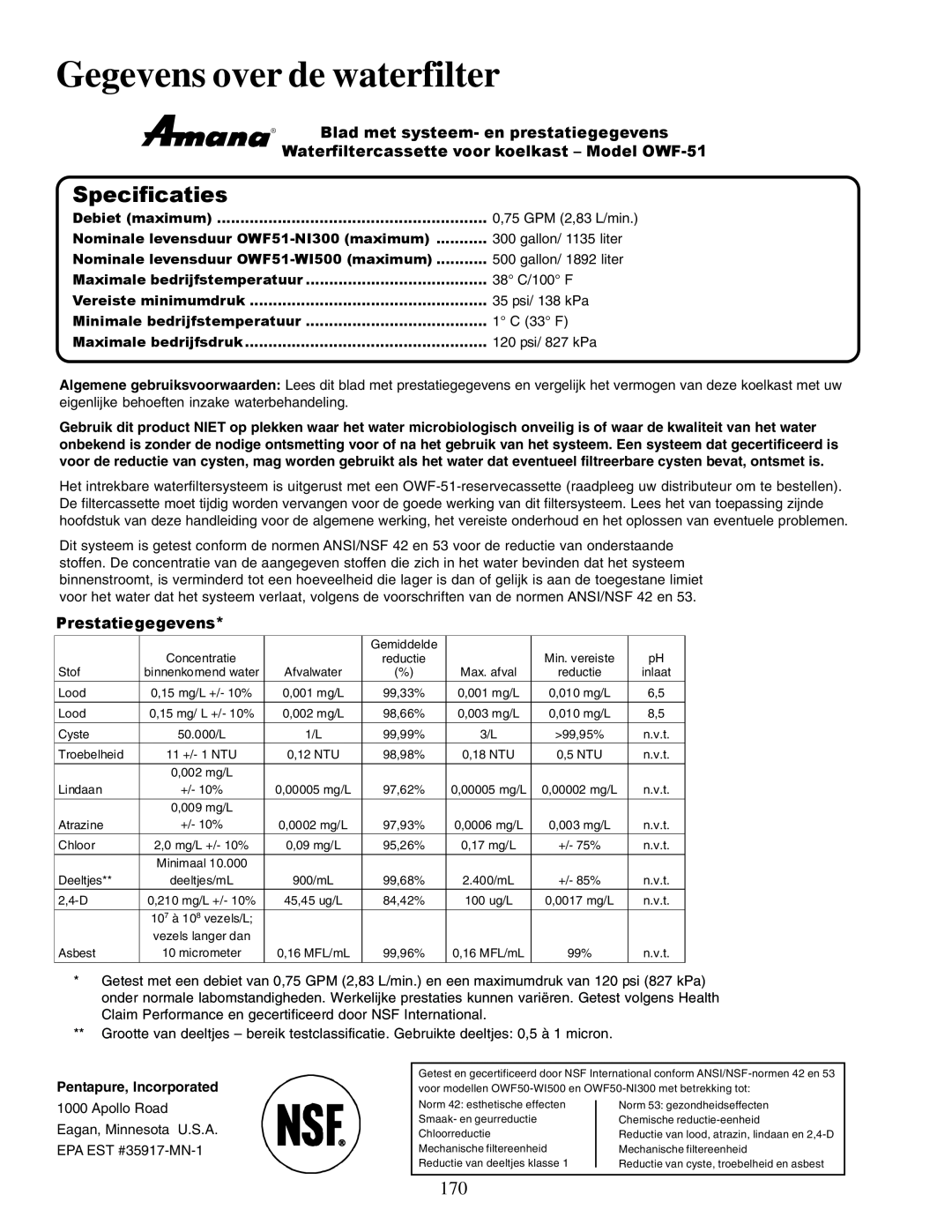 Amana XRSS267BW Gegevens over de waterfilter, Specificaties, Blad met systeem- en prestatiegegevens, Prestatiegegevens 