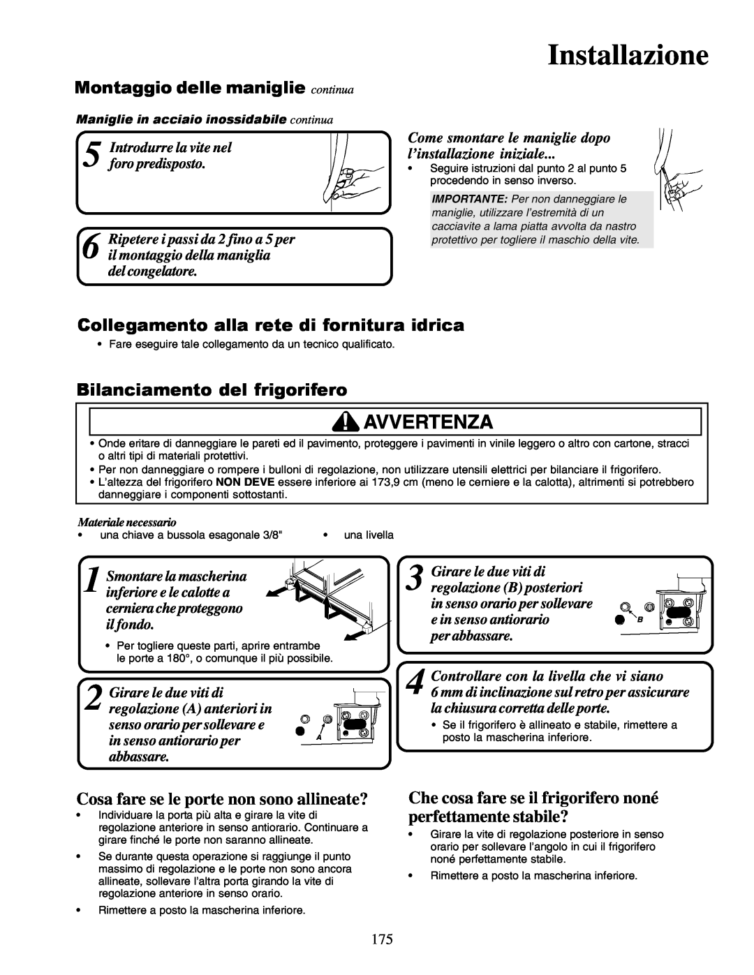 Amana XRSR687BW Montaggio delle maniglie continua, Collegamento alla rete di fornitura idrica, Installazione, Avvertenza 