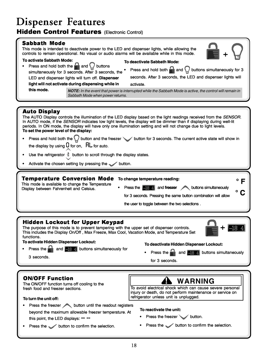 Amana XRSS267BW Hidden Control Features Electronic Control, Sabbath Mode, Auto Display, Temperature Conversion Mode 