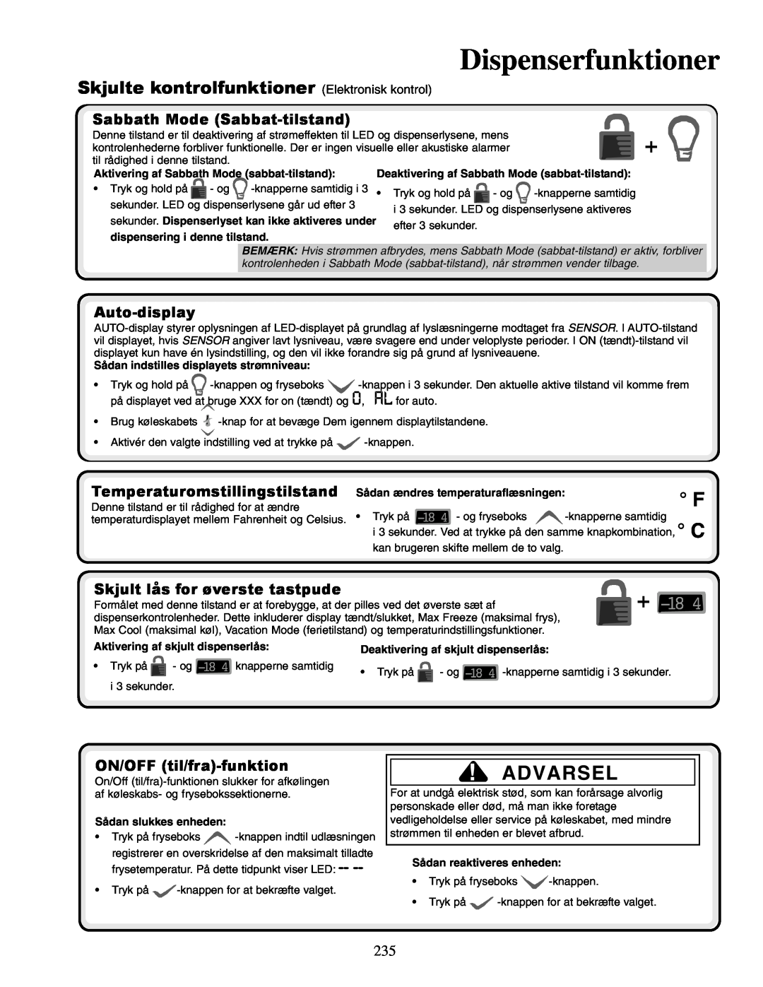 Amana XRSR687BW Skjulte kontrolfunktioner Elektronisk kontrol, Sabbath Mode Sabbat-tilstand, Temperaturomstillingstilstand 