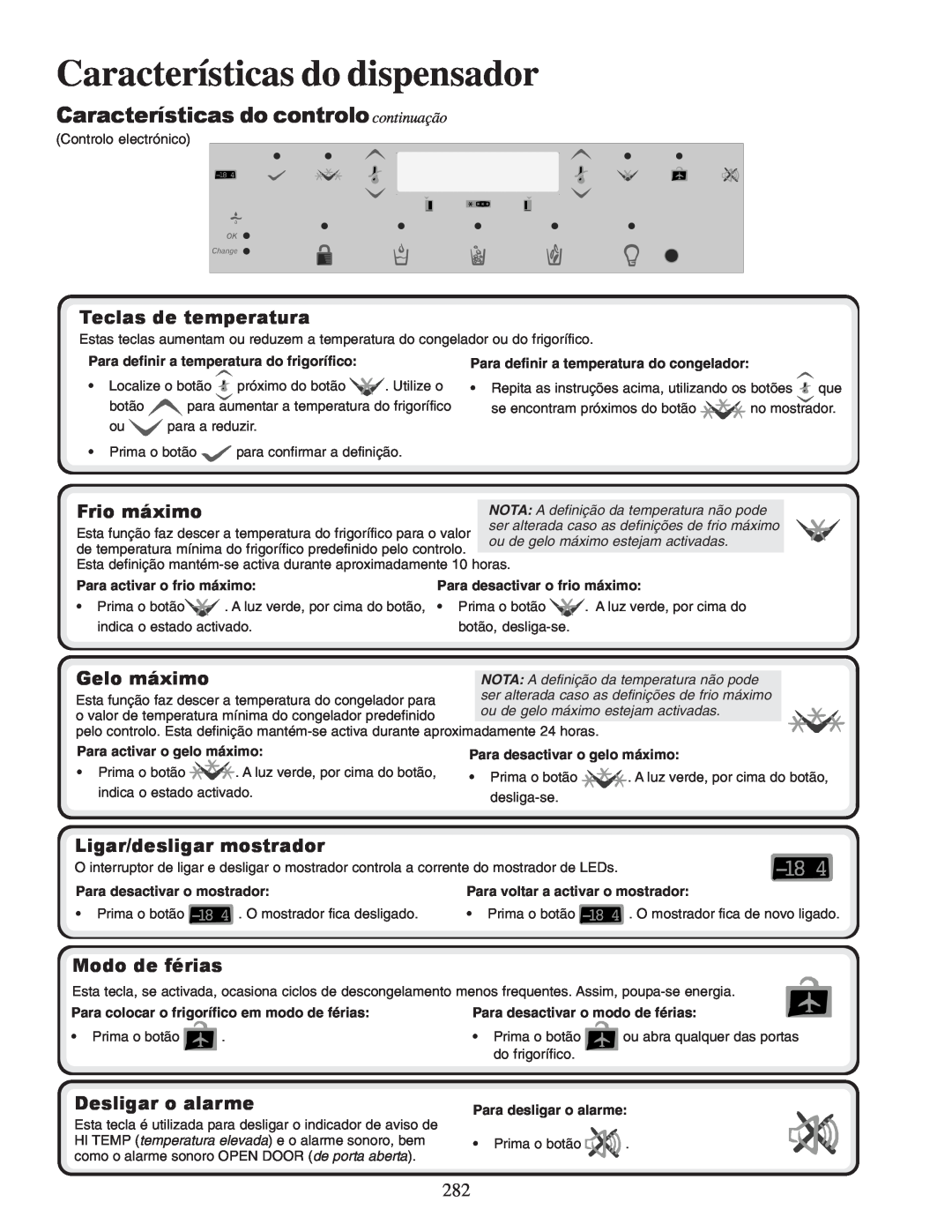 Amana XRSS267BW Características do controlocontinuação, Frio máximo, Gelo máximo, Ligar/desligar mostrador, Modo de férias 