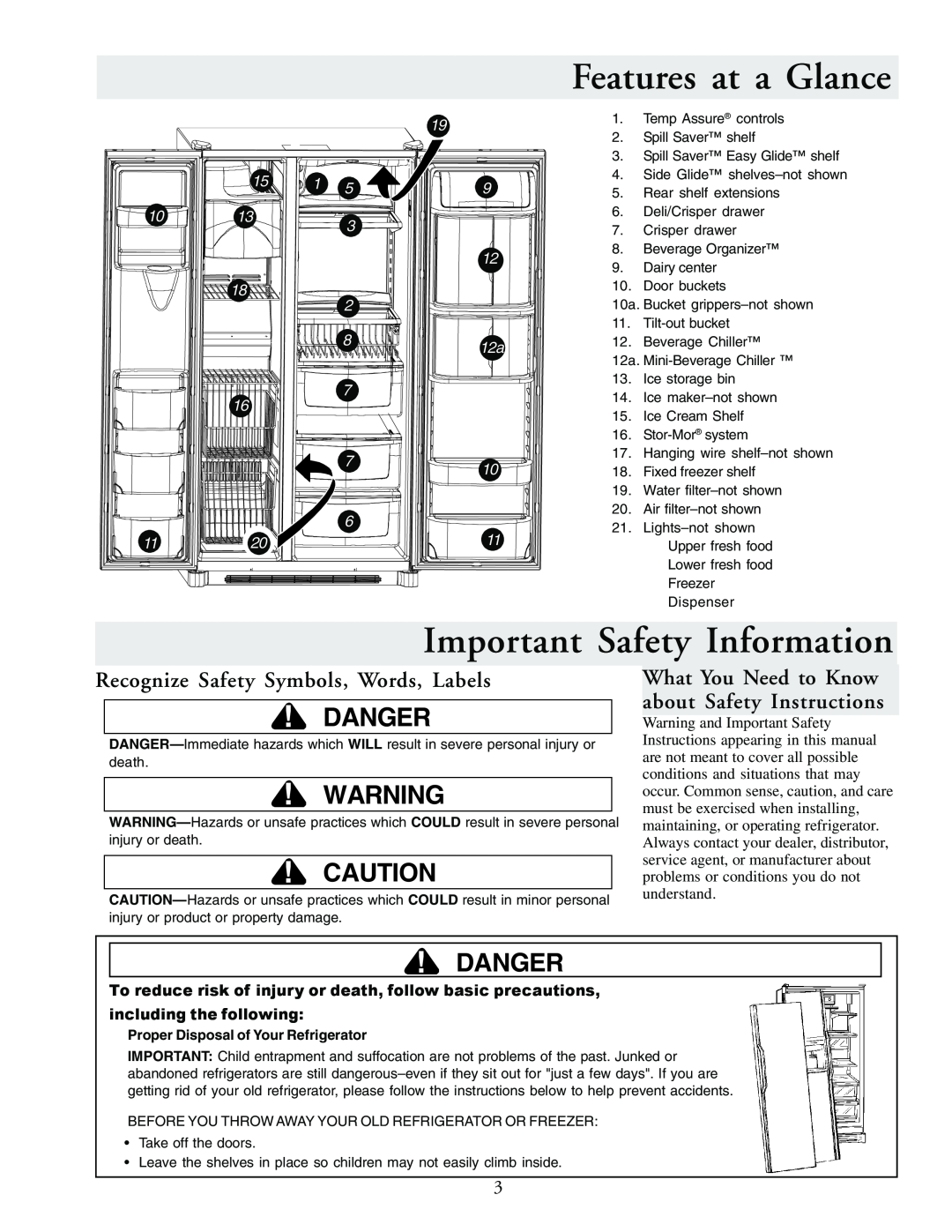 Amana XRSR687BW Features at a Glance, Important Safety Information, Danger, Recognize Safety Symbols, Words, Labels 