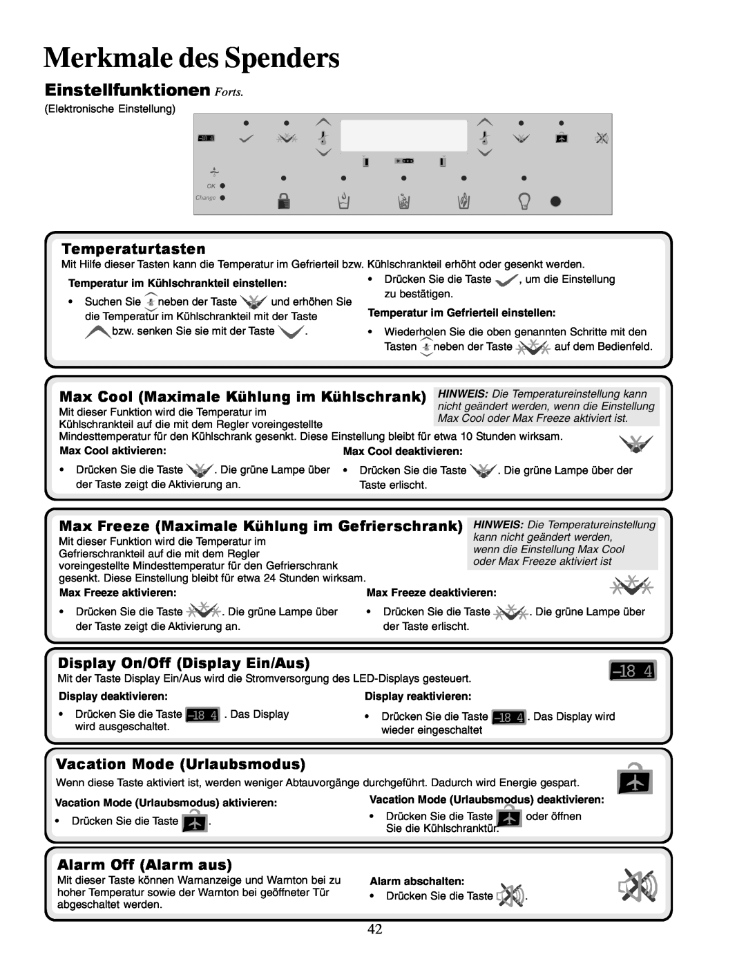 Amana XRSS267BW Einstellfunktionen Forts, Temperaturtasten, Max Cool Maximale Kühlung im Kühlschrank, Alarm Off Alarm aus 