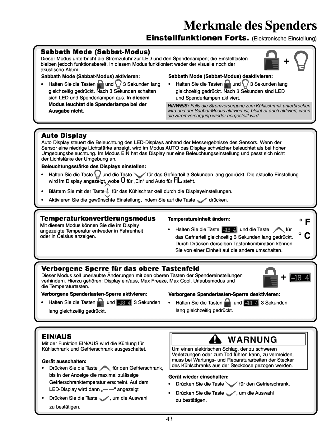 Amana XRSR687BW Sabbath Mode Sabbat-Modus, Temperaturkonvertierungsmodus, Verborgene Sperre für das obere Tastenfeld 