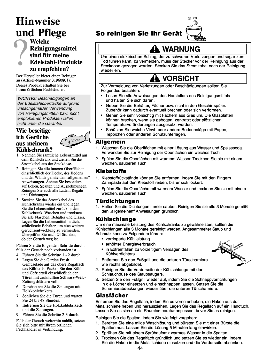 Amana XRSS687BB Hinweise und Pflege, So reinigen Sie Ihr Gerät, Wie beseitige ich Gerüche aus meinem Kühlschrank?, Warnung 