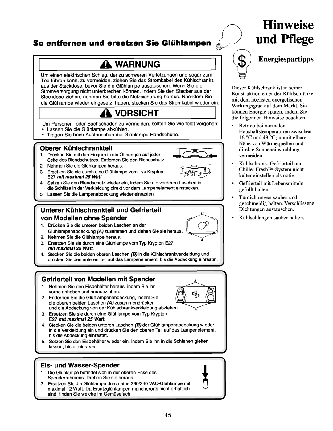 Amana XRSS267BB Hinweise und Pflege, So entfernen und ersetzen Sie Glühlampen, Energiespartipps, Oberer Kühlschrankteil 