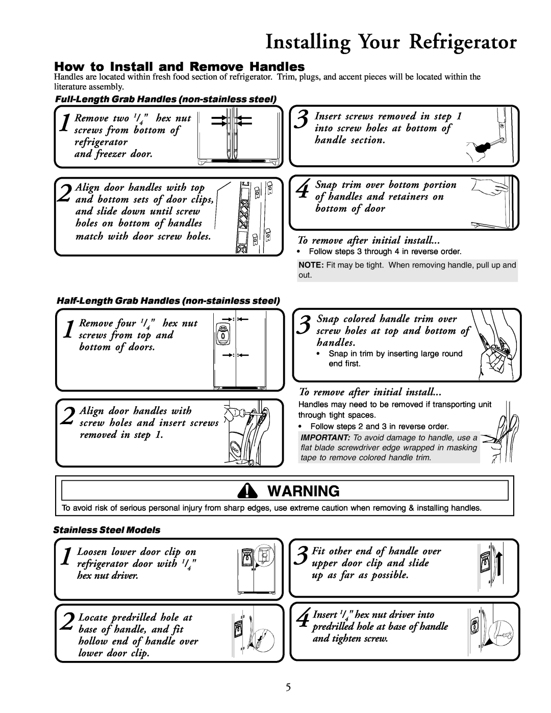 Amana XRSS267BB, XRSS687BB How to Install and Remove Handles, Installing Your Refrigerator, Stainless Steel Models 